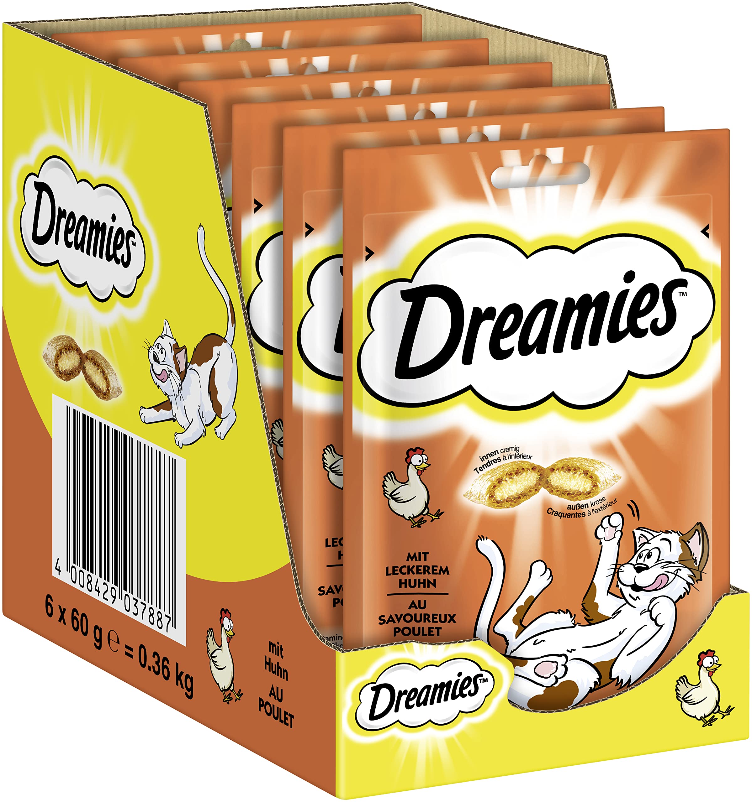 Dreamies Clásicos Aperitivos para gatos con Pollo – Bolsas crujientes de ensueño con Relleno Delicado – 6 x 60 g (6 Unidades)