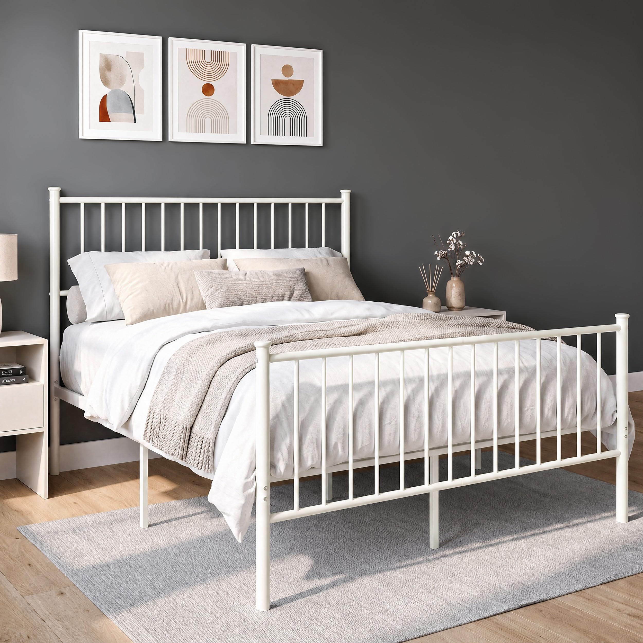 Blisswood Double Bed Frame Metal 4FT6, Heavy Duty Metal Bed Frame with Vertical Headboard and Footboard, Solid Slatted Base, Under Bed Storage, No Box Spring Needed, 196 × 139 × 113 cm, White