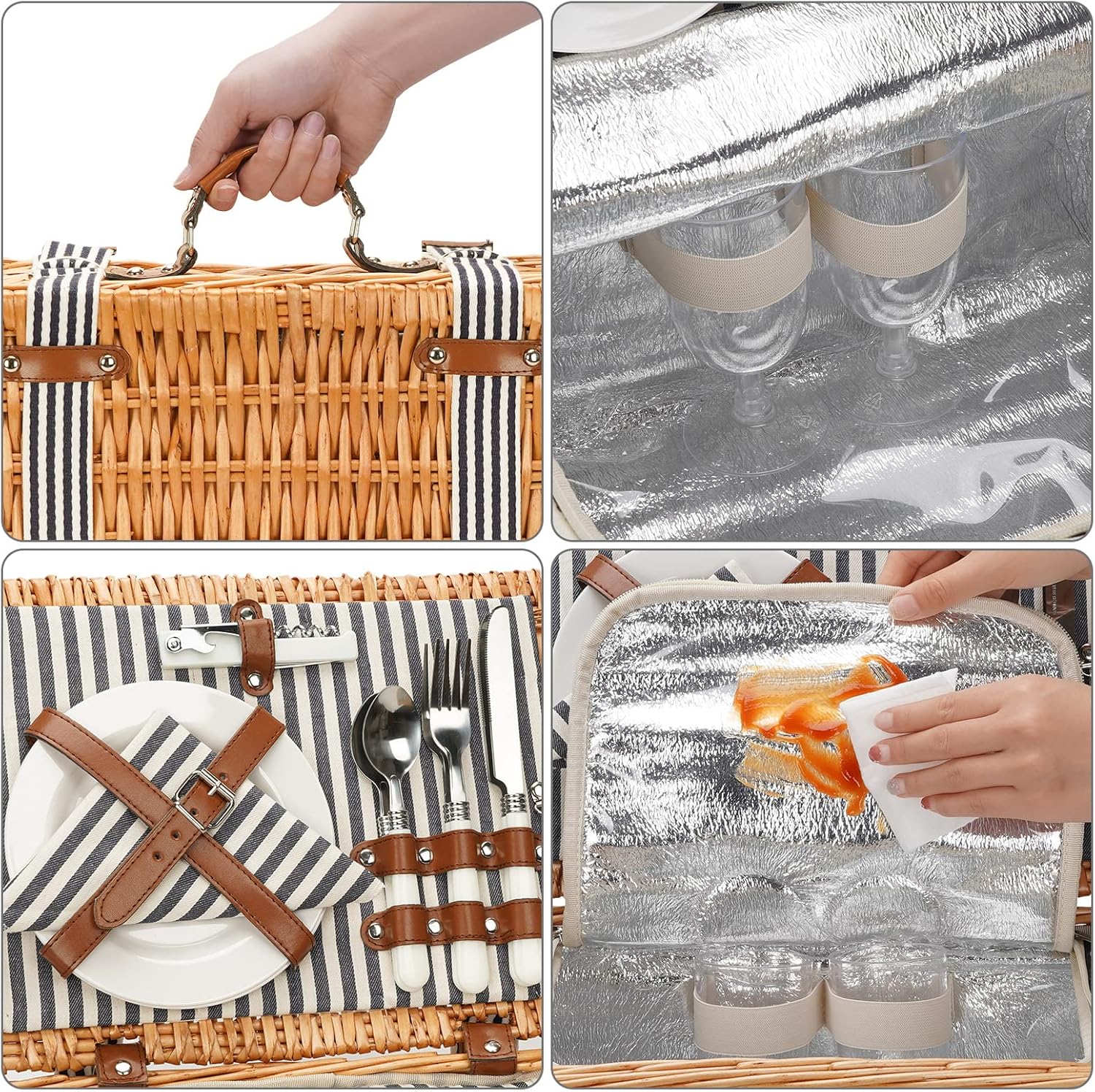 Wicker Picnic Basket Set for 2 Persons with Blanket,Handmade Willow Picnic Basket with Insulated Cooler & Cutlery Kit, Gift Basket for Couples,Valentine Day,Birthday, Wedding, Outdoor Party - Image 6