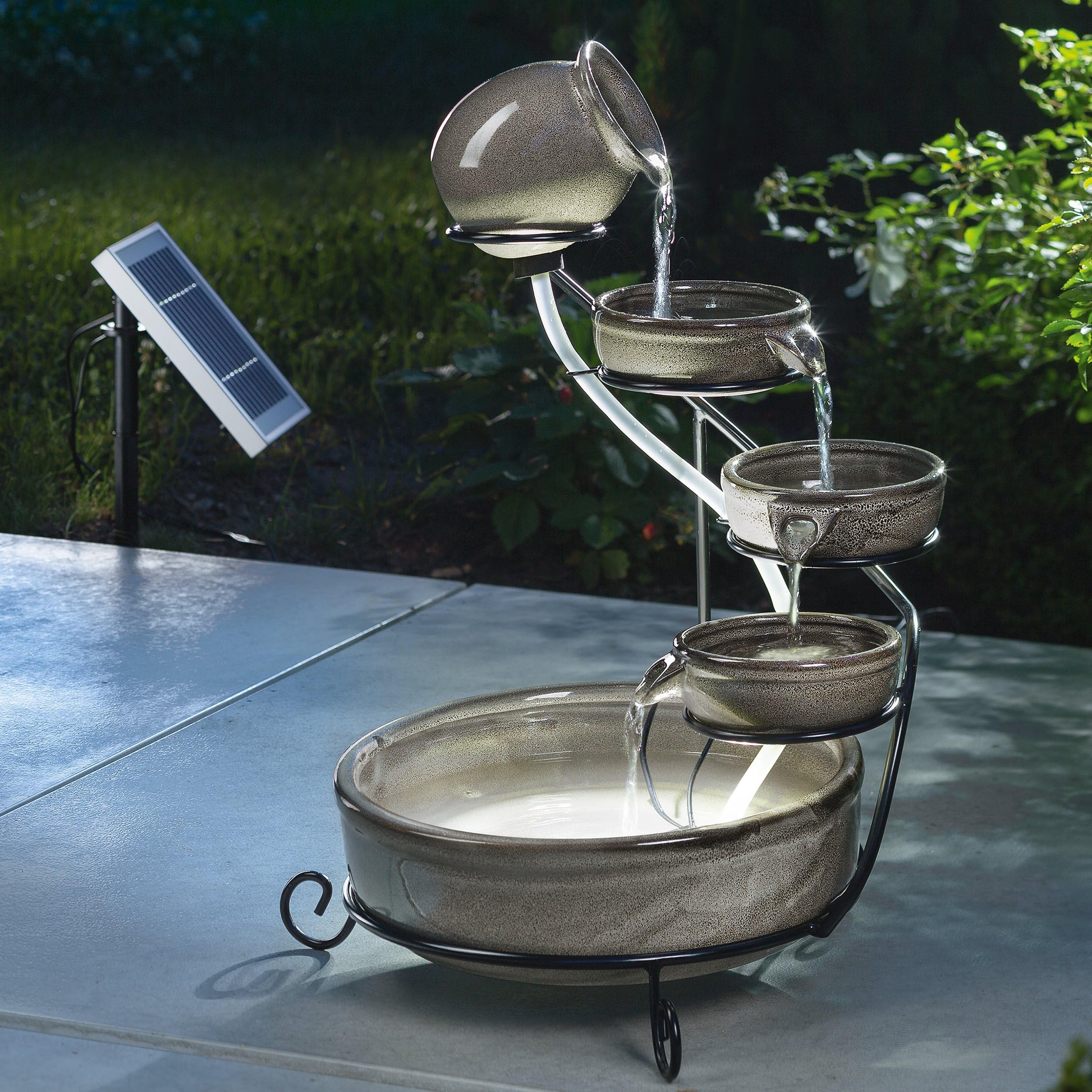 esotec Solar Kaskadenbrunnen Keramik Gartenbrunnen Pisa, Akku + LED Wasserspiel Springbrunnen außen, terrakotta grau H=55cm 101300