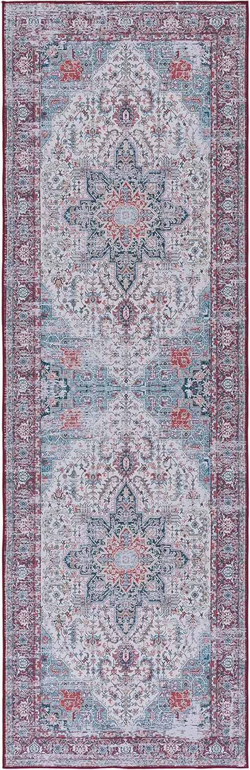 SAFAVIEH Washable Rug Tucson Collection - 2'6' x 8' Runner, Ivory & Red, Slip Resistant & Easy to Clean, Ideal for Hallway, Foyer, Entryway, Bedroom (TSN113A)