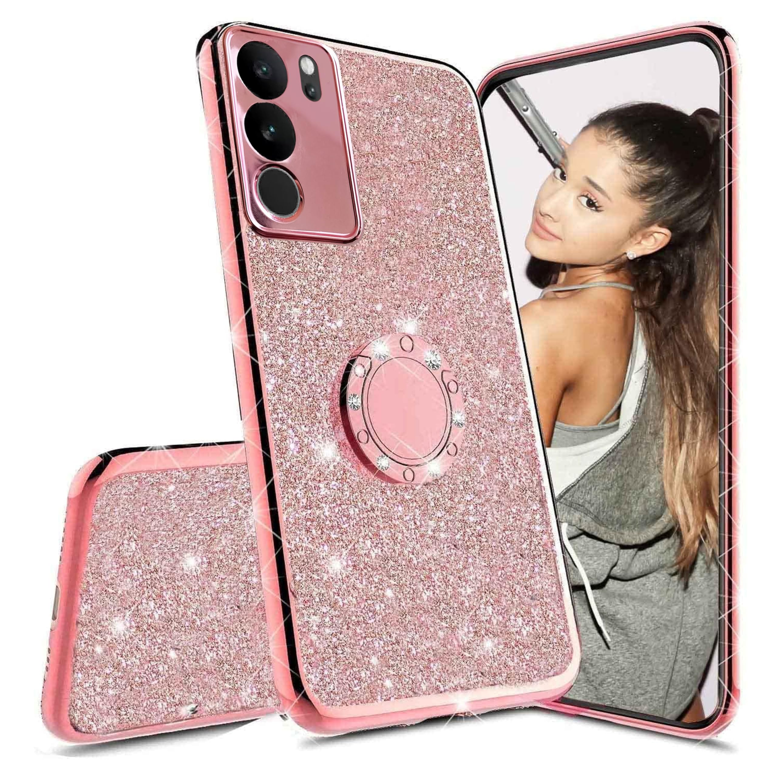 KC Back Cover for Vivo V29 5G & Vivo V29 Pro 5G - Glitter Round Ring Holder Diamond Stand Transparent Silicone Camera Protection Case (Rose Gold) (B0CNZXQD8J) Amazon Price History, Amazon Price Tracker