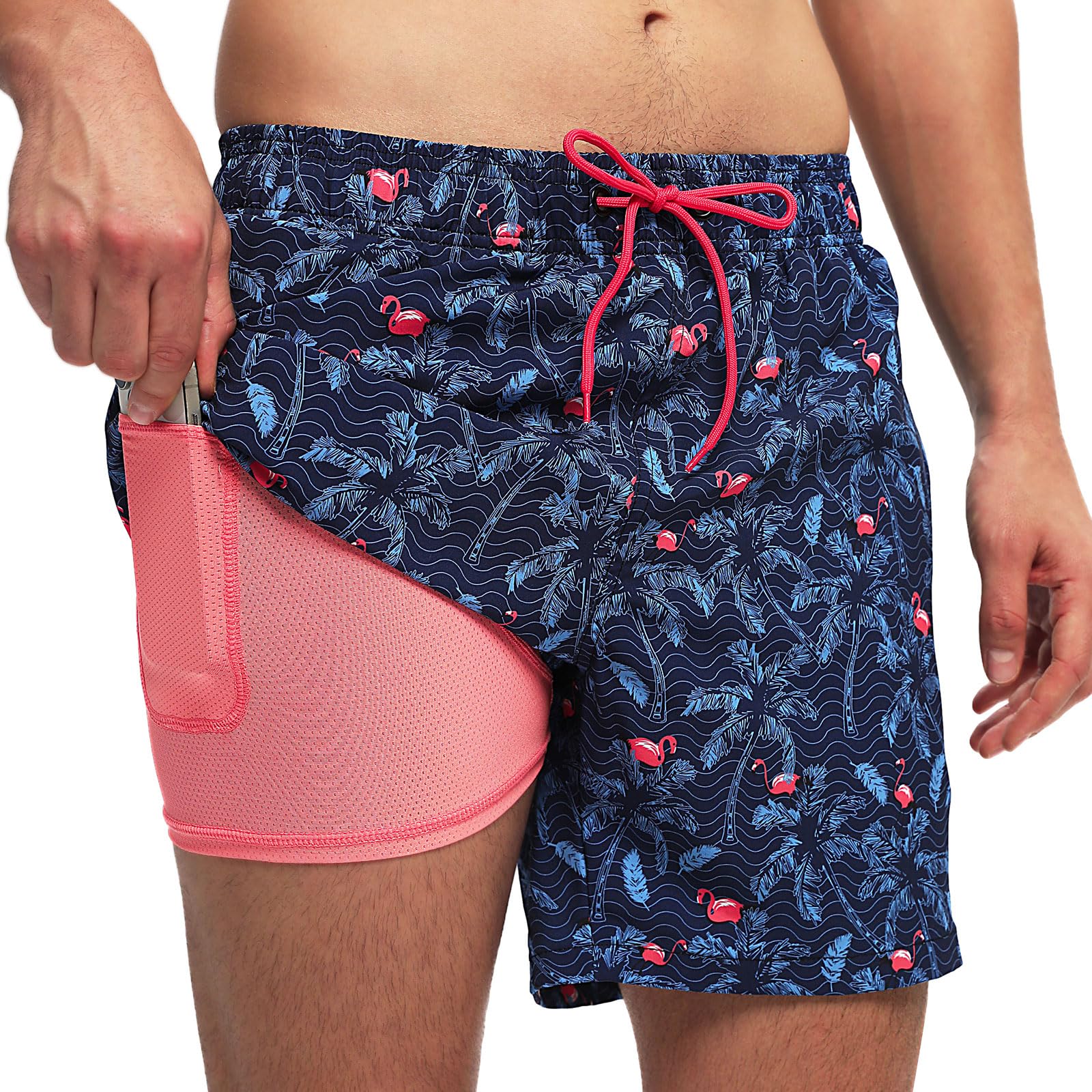outfit spring Badehose Herren Schnelltrocknend mit Reißverschlusstasche, 2-in-1 Badeshorts für Herren mit Kompressions-Innenhose, Boardshorts Männer für Strand, Pool & Training