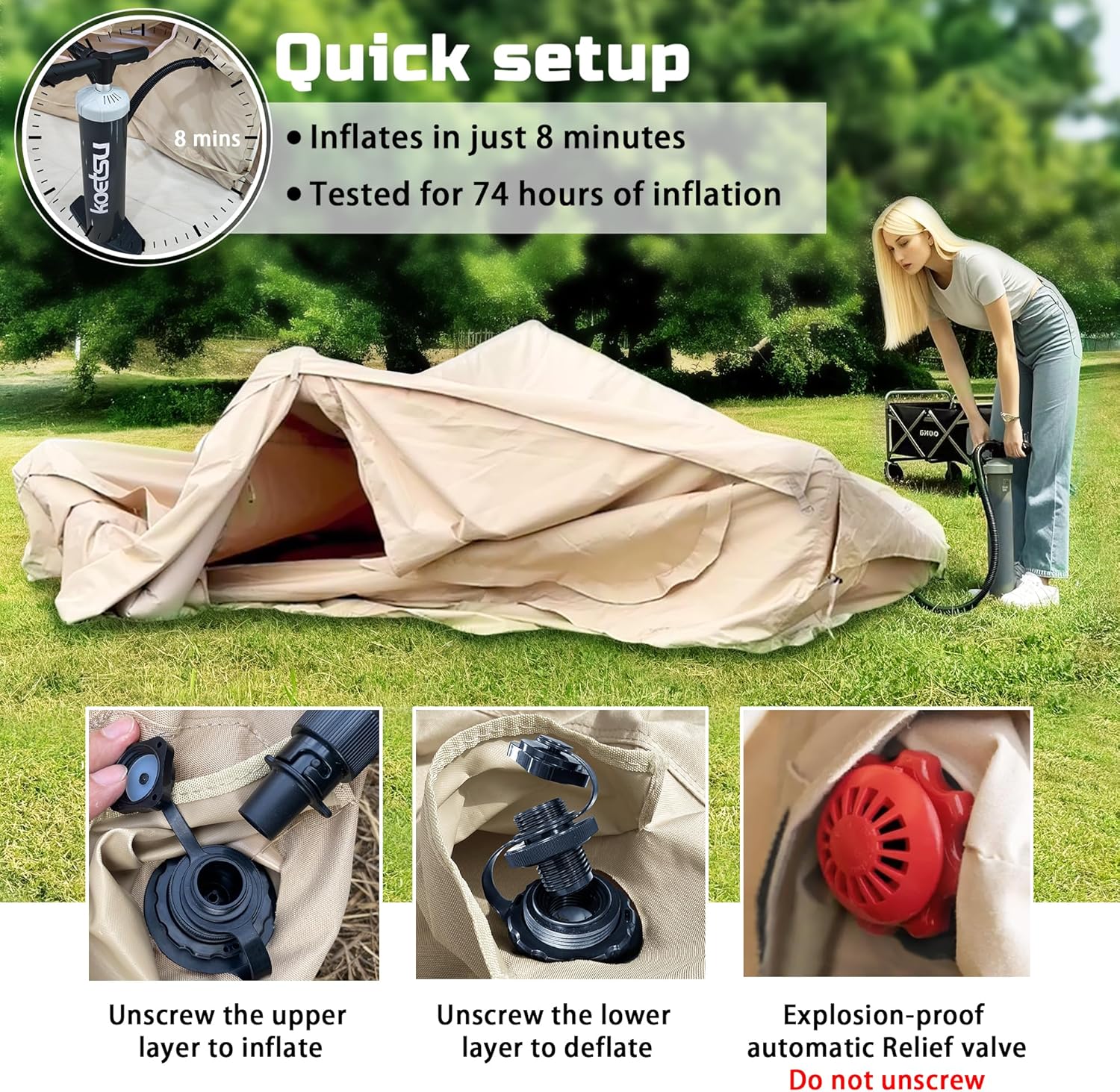 Inflatable Camping Tent for 4 Person with Heavy Duty 600D Oxford Fabric - Blow Up Tent Includes Rainfly & Air Pump,Easy Setup, Portable All Season Cabin House for Family Camping