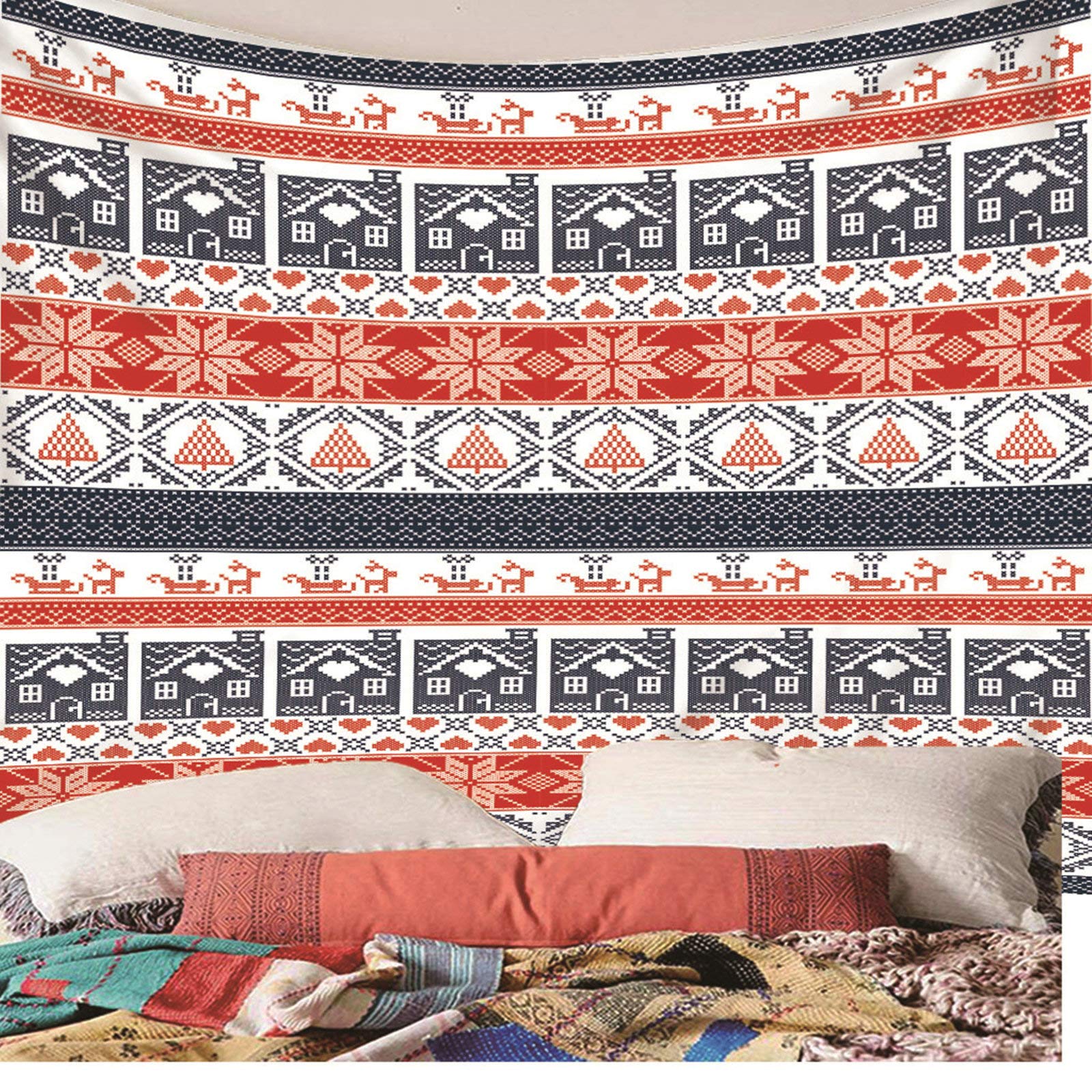 KnSam Dywan na ścianę, gobelin, ozdoba na ścianę, do salonu, dekoracja domowa, z poliestru, retro kwiaty i dom czerwony 350 x 256 cm
