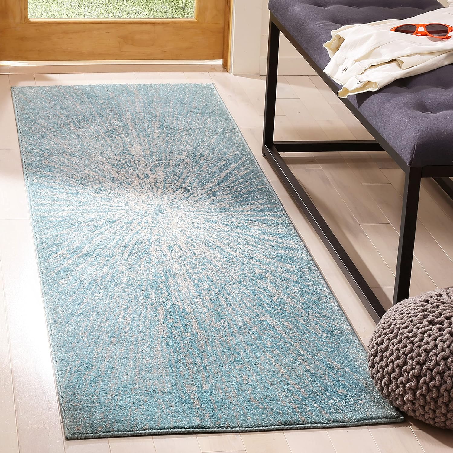 Ivory and Aqua Easy-Care Synthetic Runner Rug, 2'2" x 9'