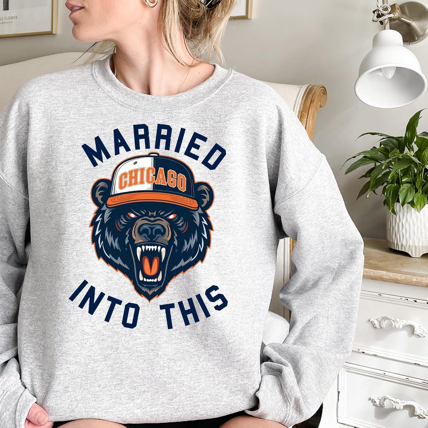 Married Into This Chicago Sweatshirt, Beige Cotton Blend, Relaxed Fit with Brushed Interior