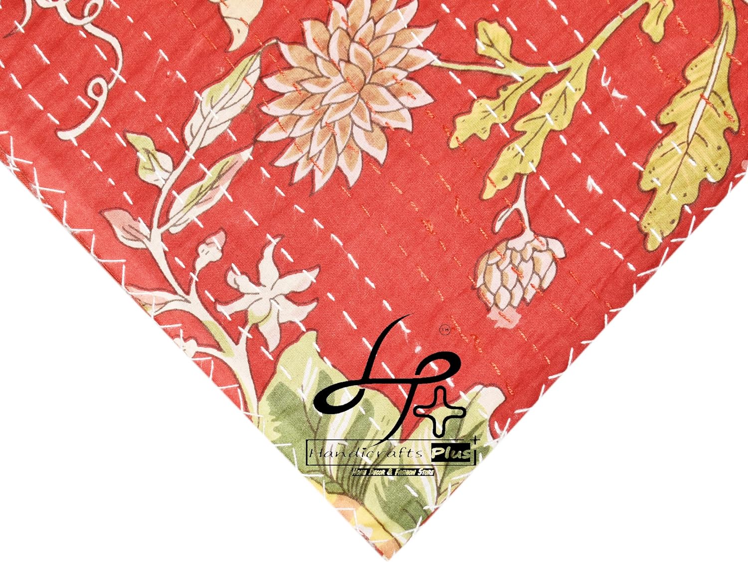New Cotton Kantha Quilt Traditional Blanket Handmade Bedsheet Red Coverlet Floral Print Throw 90X108