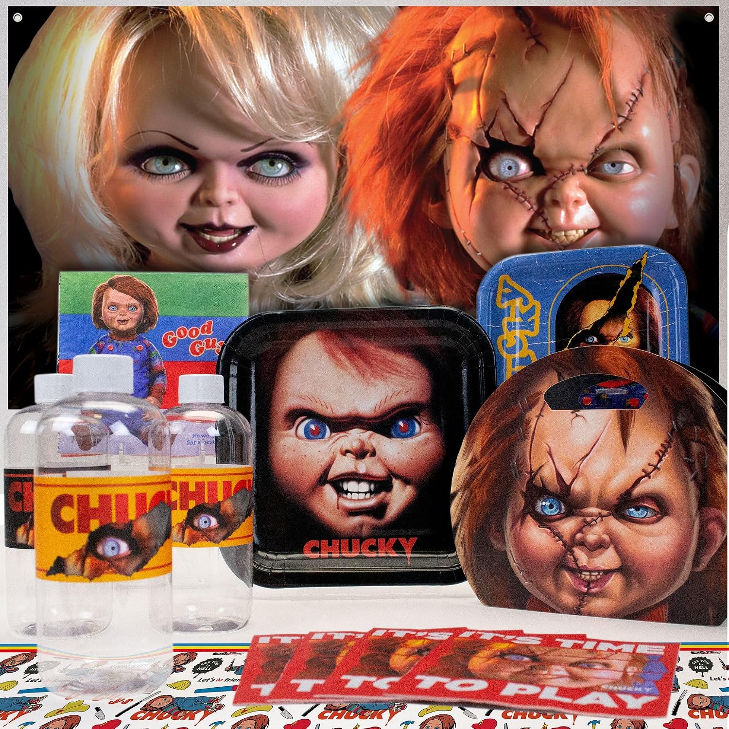 Chucky Party Supplies for 16 Guests - Horror Tableware Kit with Plates, Napkins, Banner & Bottle Labels - Halloween & Birthday Decorations