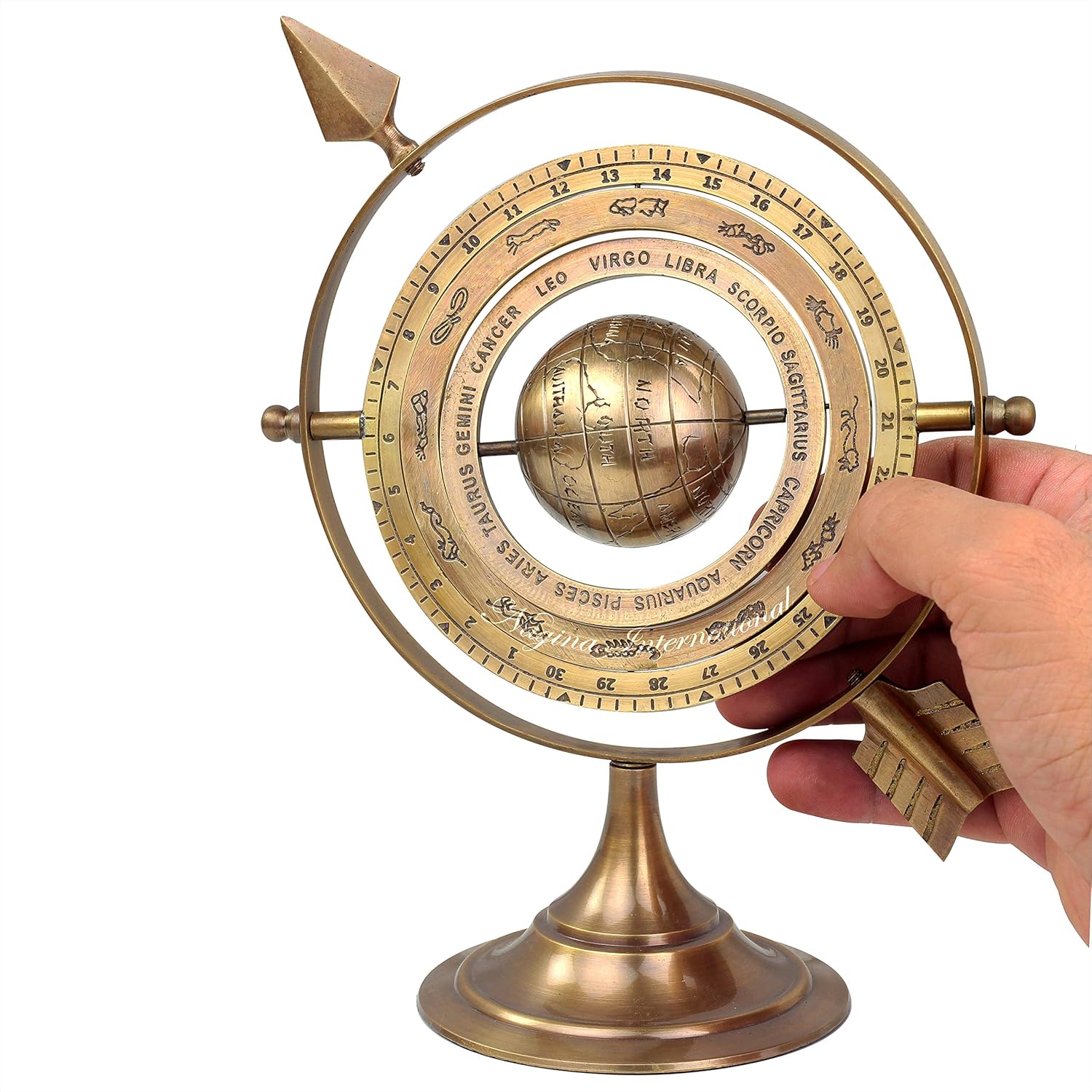 8" Antique Brass Armillary Sphere With Sundial Arrow | Nautical Maritime Astrolabe Engraved Astrological Star Signs Globe | Home Decor Center Piece Ideas | Vintage Collectible Gifts