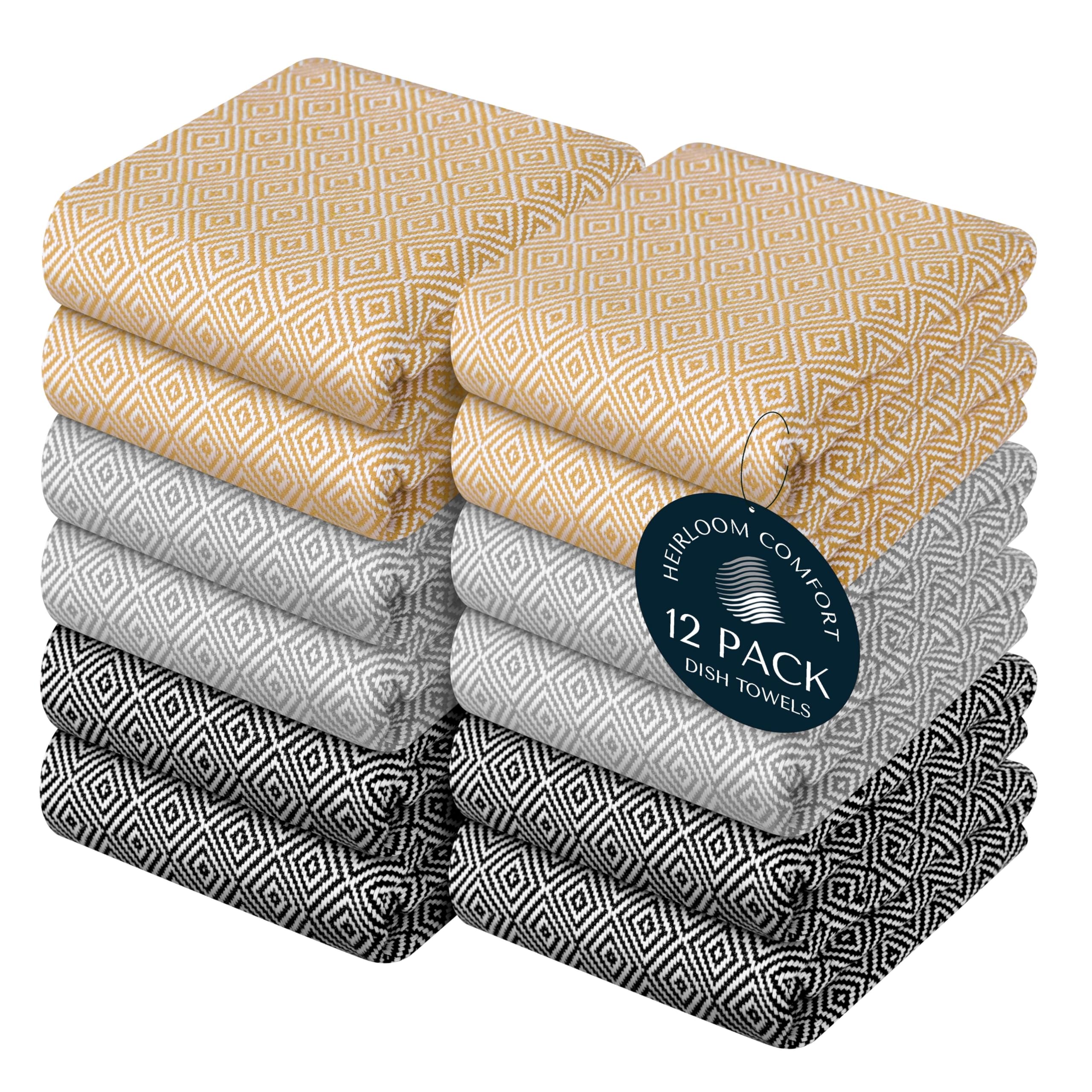 HEIRLOOM COMFORT Multi Color Kitchen Towels 12 Pack, 100% Cotton, Diamond Weave Towel Set, 40x66 cm, Absorbent & Durable Dishcloths, Quick Drying Cloth for Drying Dishes - Kakki, Ash Grey, Black
