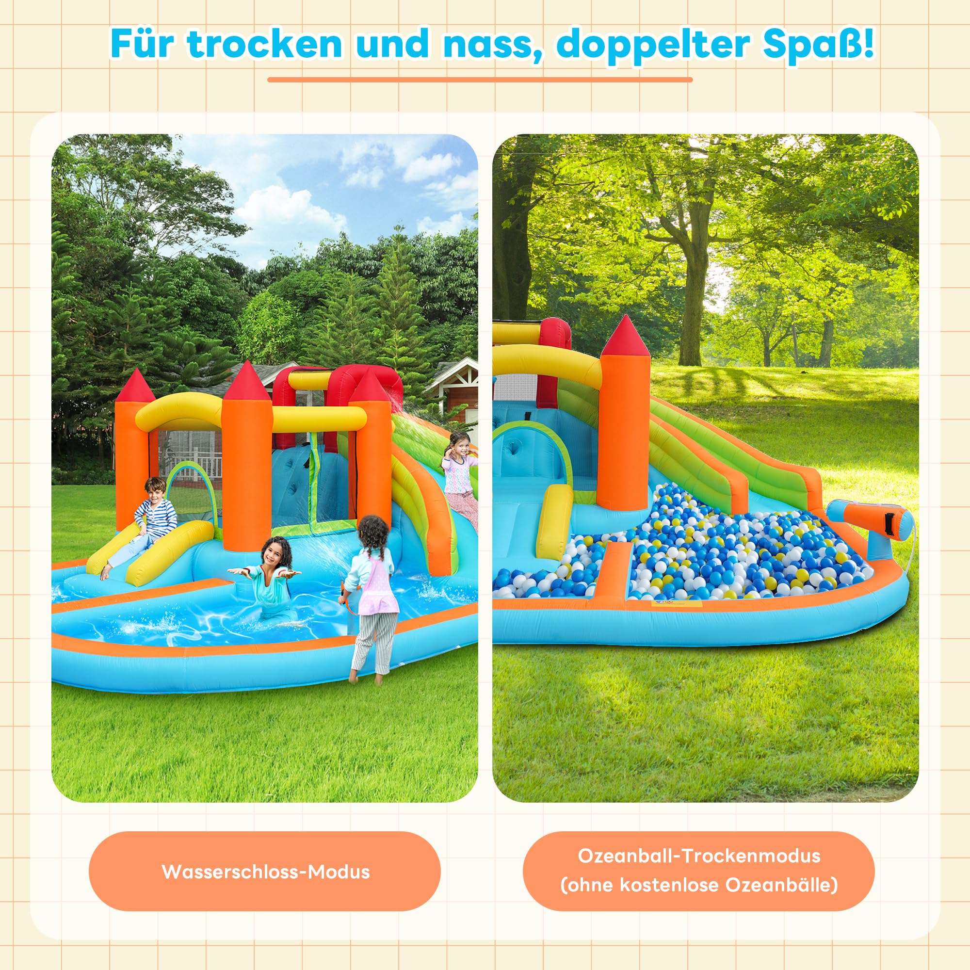 Castillo hinchable con tobogán acuático y trampolín – Parque acuático multifuncional, piscina infantil, canasta de baloncesto, pistolas de agua, soplador de 450 W, 460 x 343 x 190 cm, para interiores