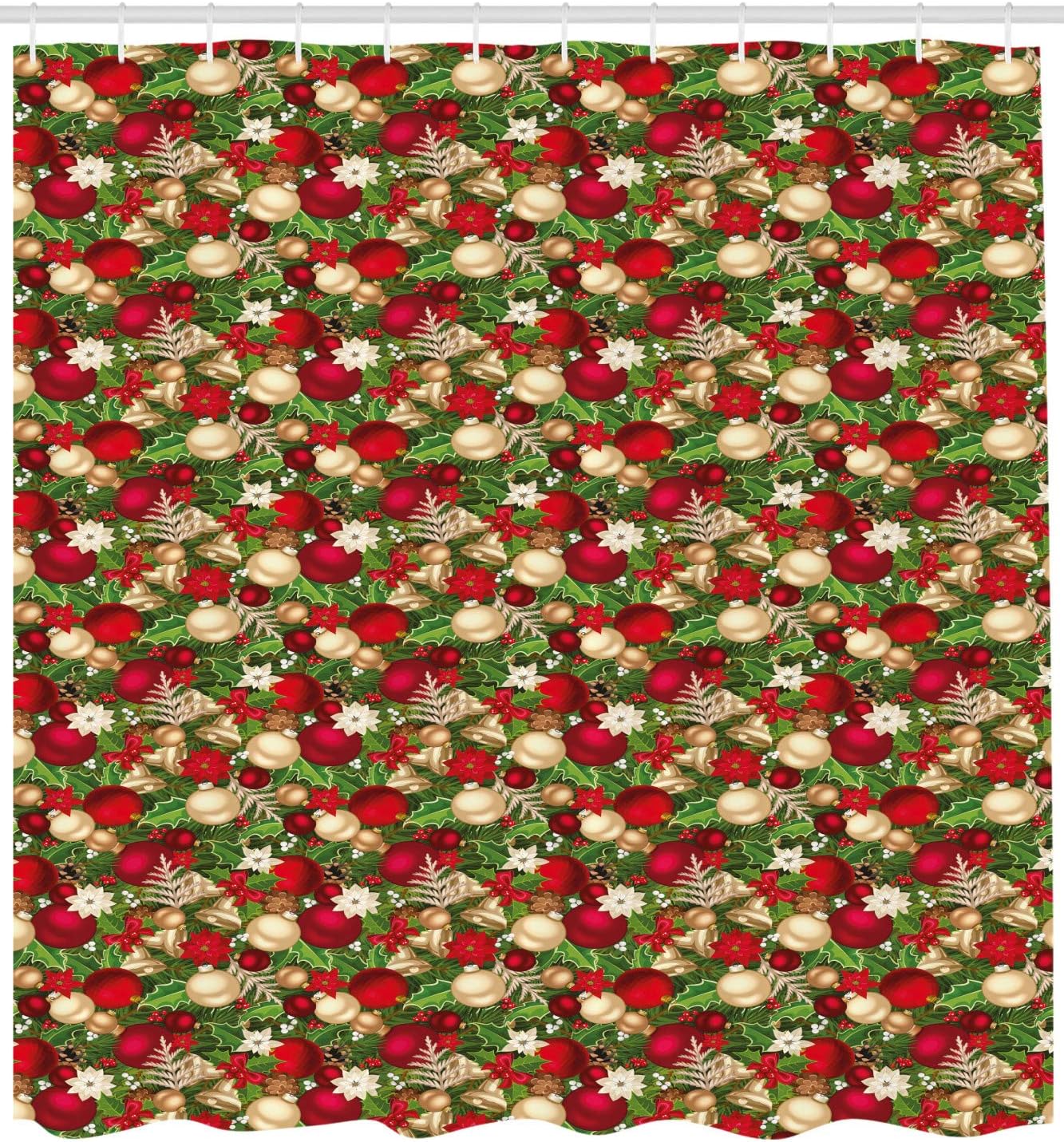 Ambesonne Christmas Shower Curtain, Tree Branches Spruce Leaves Balls Bells Cones Poinsettia Flowers Mistletoe Berry, Cloth Fabric Bathroom Decor Set with Hooks, 69" W x 75" L, Red and Green
