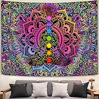 Vista 4 de Uokiuki Blacklight - Tapiz de 7 chakras reactivo a los rayos UV, tapiz de mano Hamsa, mandala bohemio, tapiz de luz negra, tapiz para colgar