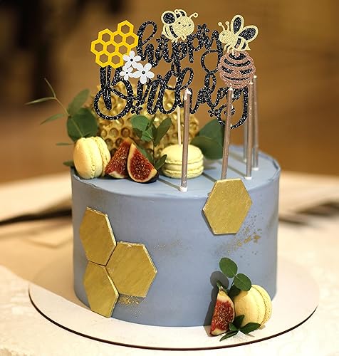 Miniatura 7 de Gyufise 1 decoración para pastel de cumpleaños con purpurina de panal de abeja para decoración de pastel de miel, abejorro, tema de abejorro, baby