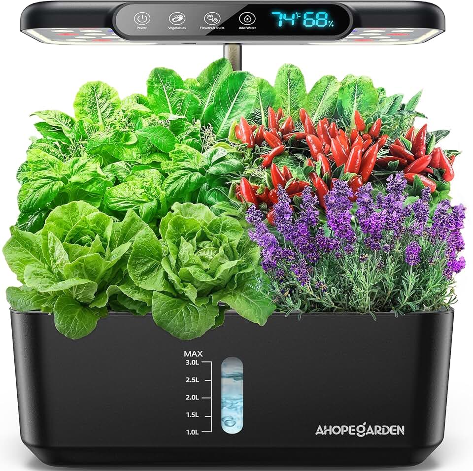 Ahopegarden Hydroponics Growing System: 10 Pods Temp ＆ Humidity Display | Indoor Garden Kit with LED Grow Light for Lettuce and Tomatoes - Beginner-Friendly Plant Germination Kit for Home Kitchen