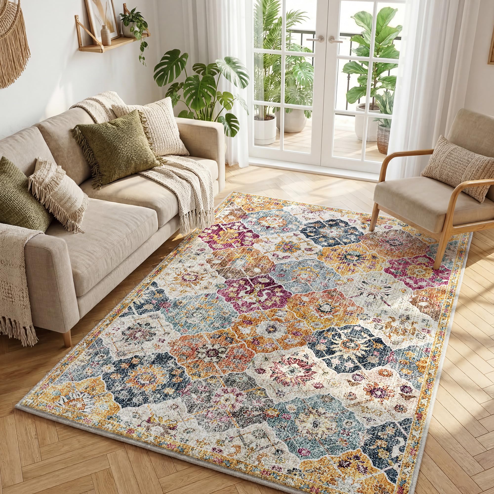 Boho Retro Wohnzimmer Teppich 160x230 cm, Kurzflor Teppich mit Blumenmuster, 1200g/m³ Polyester Maschinwaschbar mit Rutschfester TPE-Unterlage für Schlafzimmer, Esszimmer, Küche, läufer, Bunt
