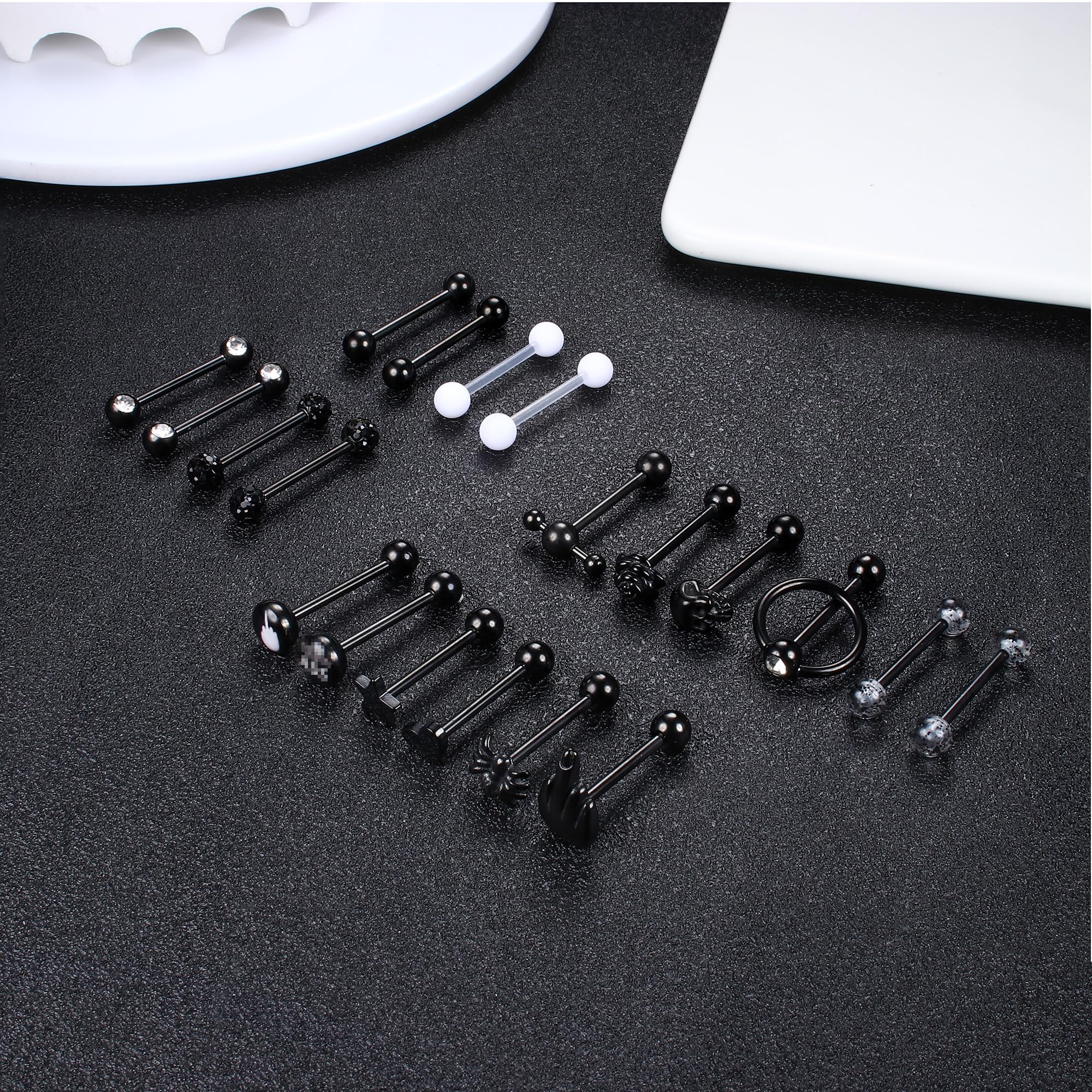 JeweBella 20 Pezzi 14G Piercing Lingua per Donna Uomo Acciaio Chirurgico Piercing Capezzolo Piercing Lingua Argento/Nero Piercing Barretta Gioielli 16mm