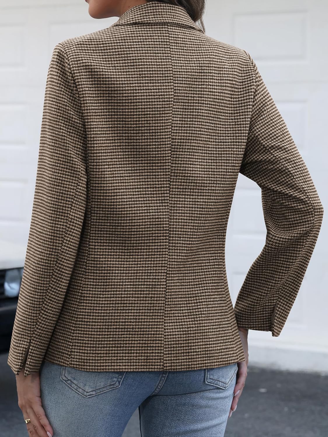 ELLEVEN Women's Lapel Collar Plaid 2 Button Boyfriend Blazer Suit Houndstooth Work Office Blazer Jacket - Image 3