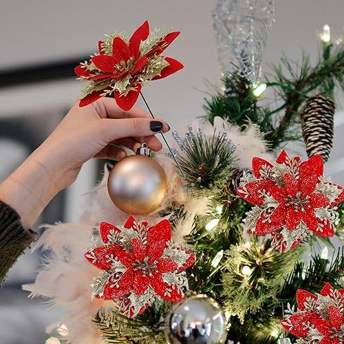 Miniatura 5 de SITUMEIZI 24 Piezas Flores de Pascua Artificiales de Navidad Rojas Doradas 5.5" Flores de Pascua con Purpurina Decoraciones de Navidad Flores de