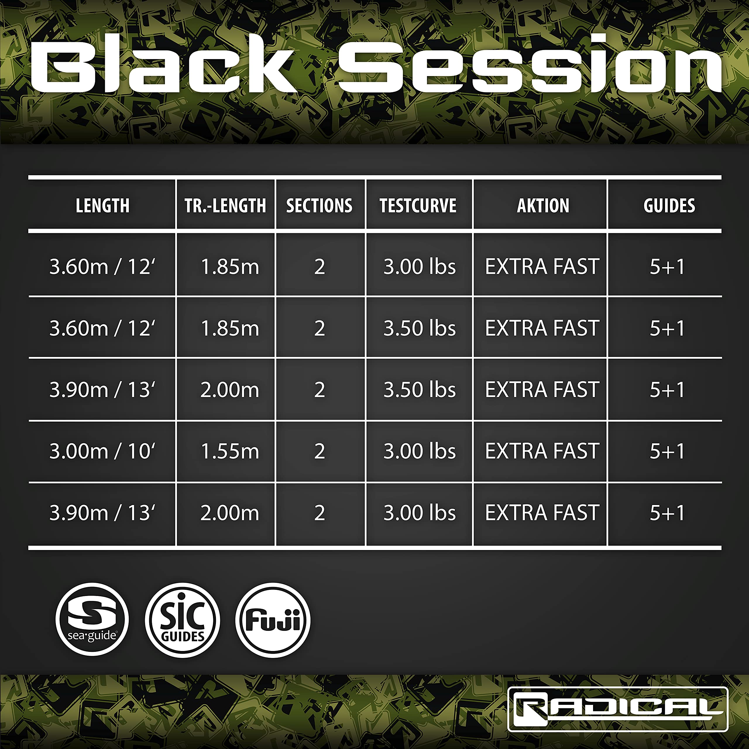 Radical Black Session Canne à pêche à la Carpe Noir 3,90 m