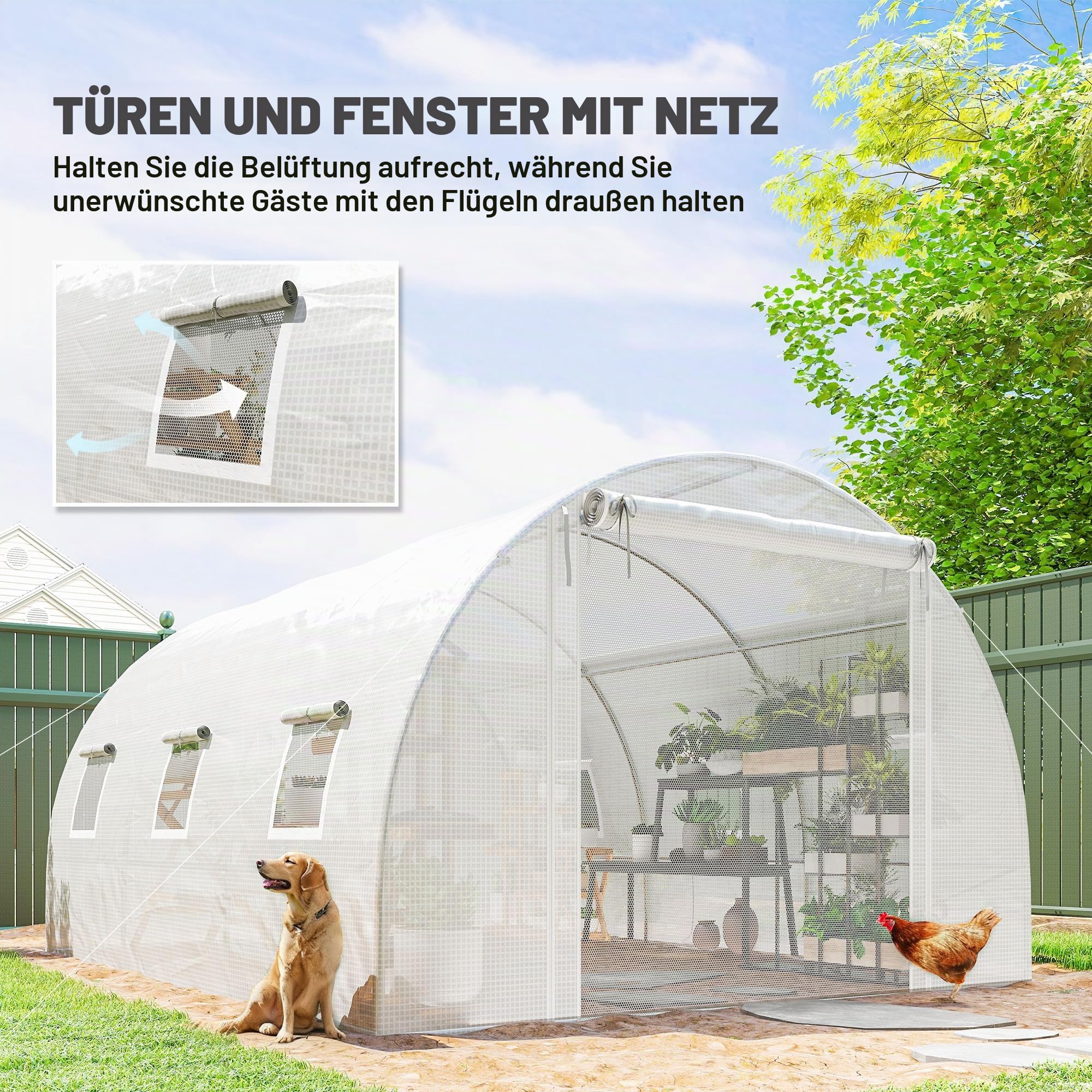Outsunny Gewächshaus Foliengewächshaus 4x3x2m Winterfest Tomatenhaus mit 6 Aufrollbar Natzfenstern & Tür, Stahlrohr, PE Folie, stabil Folientunnel Pflanztunnel für Garten Weiß