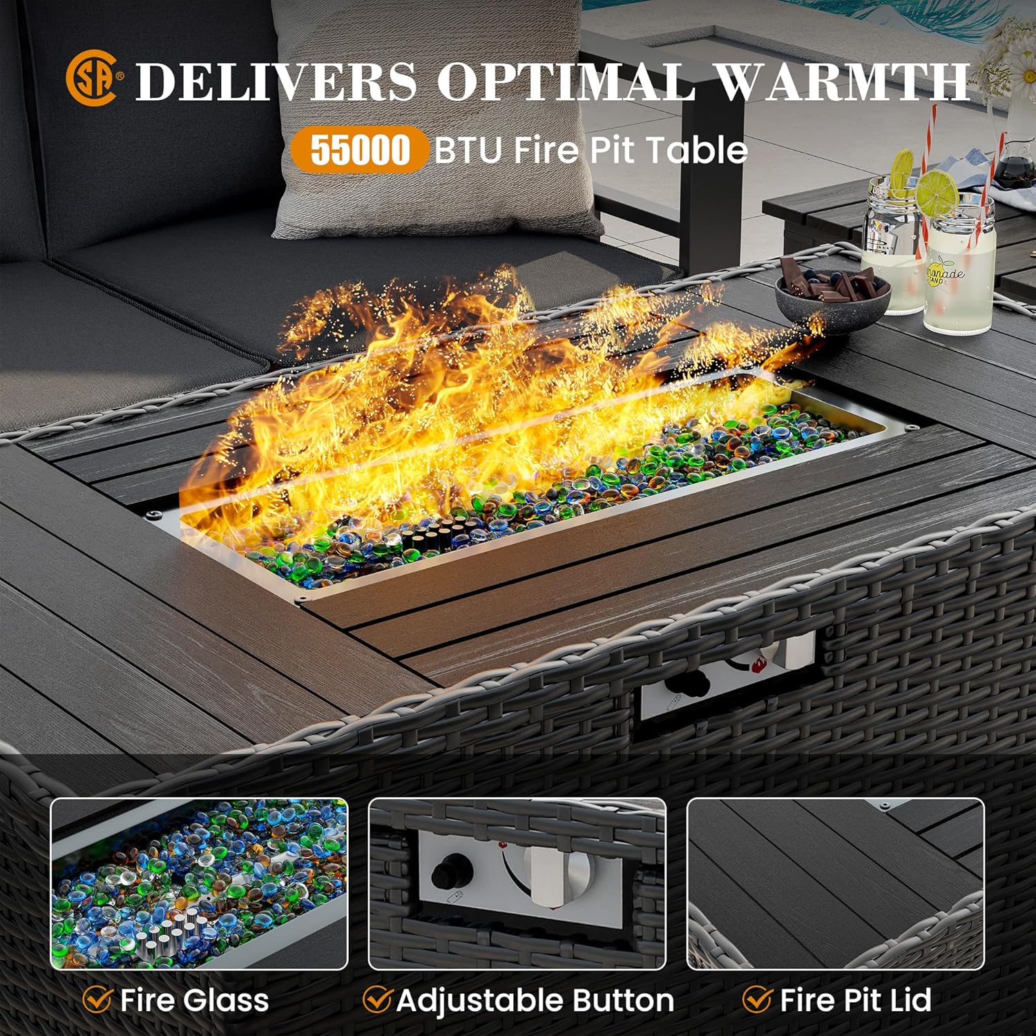 UDPATIO Aluminum Outdoor Furniture Set with 2 Ottomans and Fire Pit Table, 7 Pieces All-Weather & UV-Resistant Patio Sectional Sofa Set for Deck, Backyard, Poolside, Dark Gray