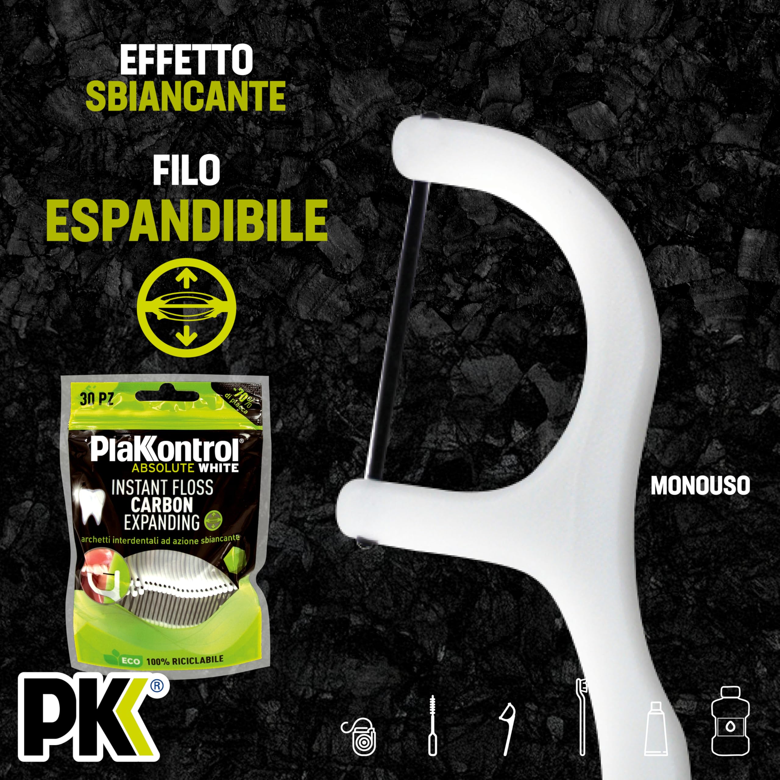 Plakkontrol® Absolute White Instant Floss Carbon Expanding, archetti interdentali ad azione sbiancante con microparticelle di carboni attivi vegetali - 30 pz – peso confezione: ℮ 30 g