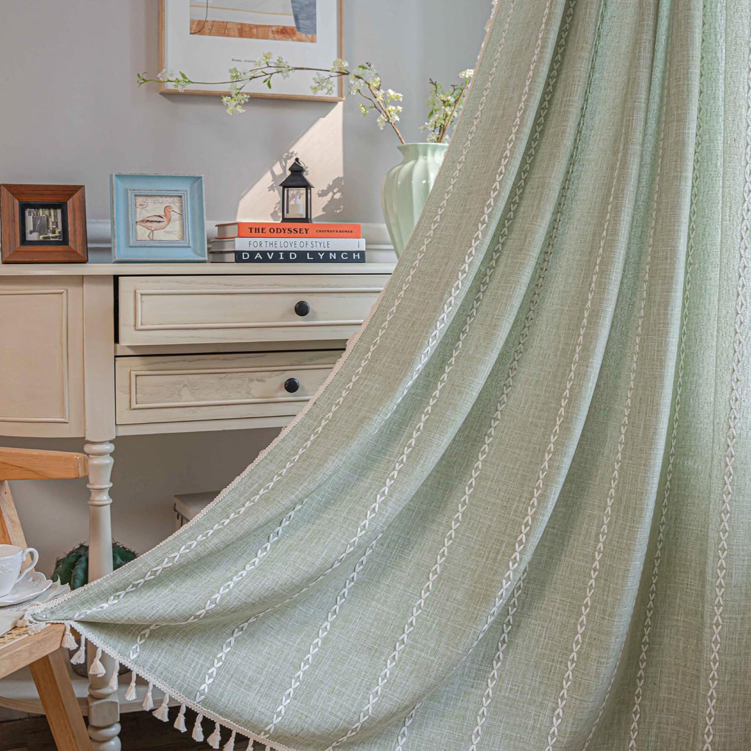 Sage Green Boho Farmhouse Curtains for Bedroom Living Room Semi Blackout Cotton Linen Curtains 63 Inch Long French Country Cute Textured Window Curtain Bohemian Chic Tassel Draperies 55"W x 63"L