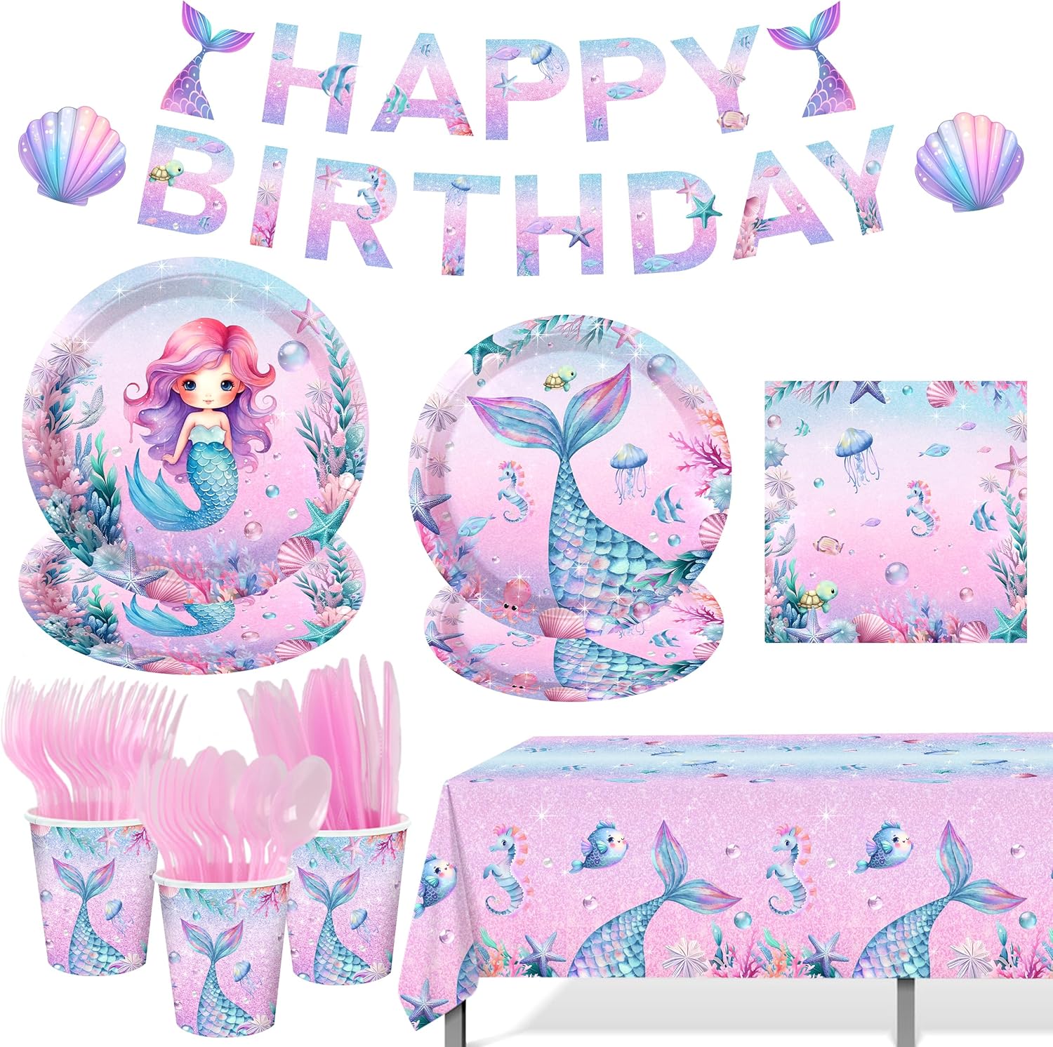 Mermaid Theme Birthday Decorations for Girls - 170PCS Party Set with Plates, Cups, Cutlery Set, Happy Birthday Banner, Tablecloth, and Napkins - Perfect for Ocean and Under the Sea Party Decorations