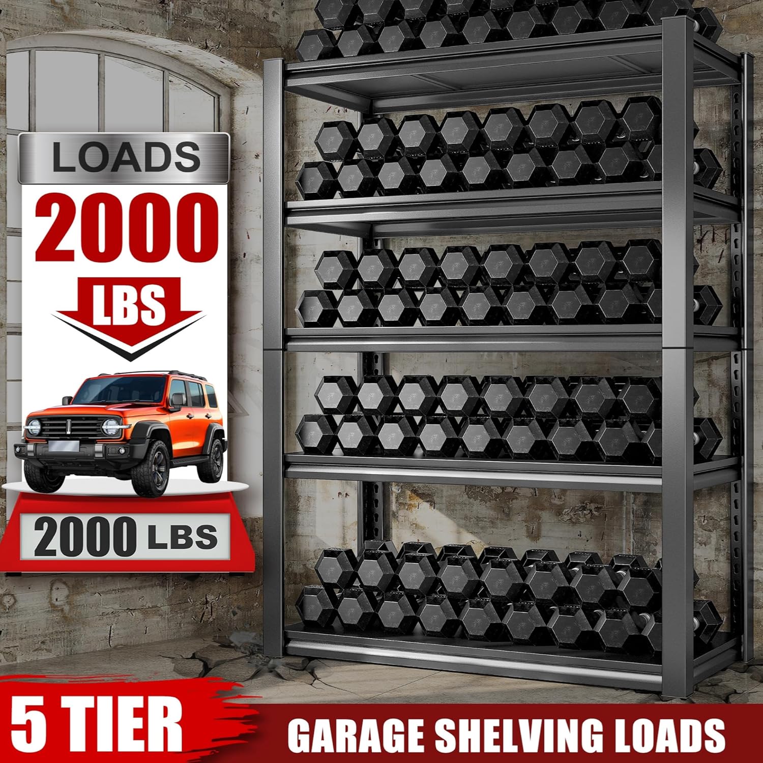 Image highlighting the 2000 LBS load capacity of the 5-tier garage shelving unit.