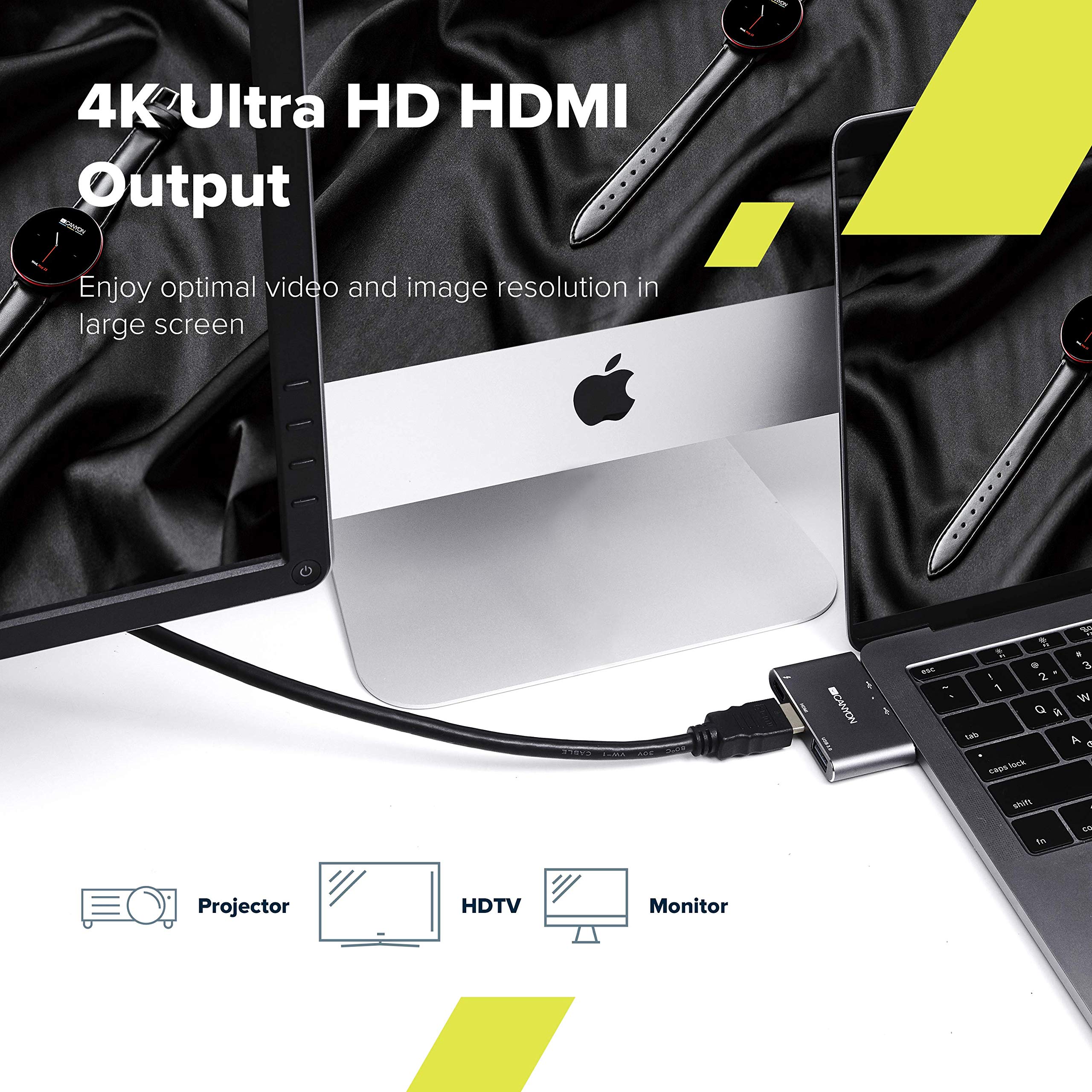 CANYON Stacja dokująca 3 w 1 Thunderbolt 3 z koncentratorem USB 3.0 i portem HDMI 4K, szybkie ładowanie i transmisja danych, kompatybilna z komputerami MacBook Air i Pro