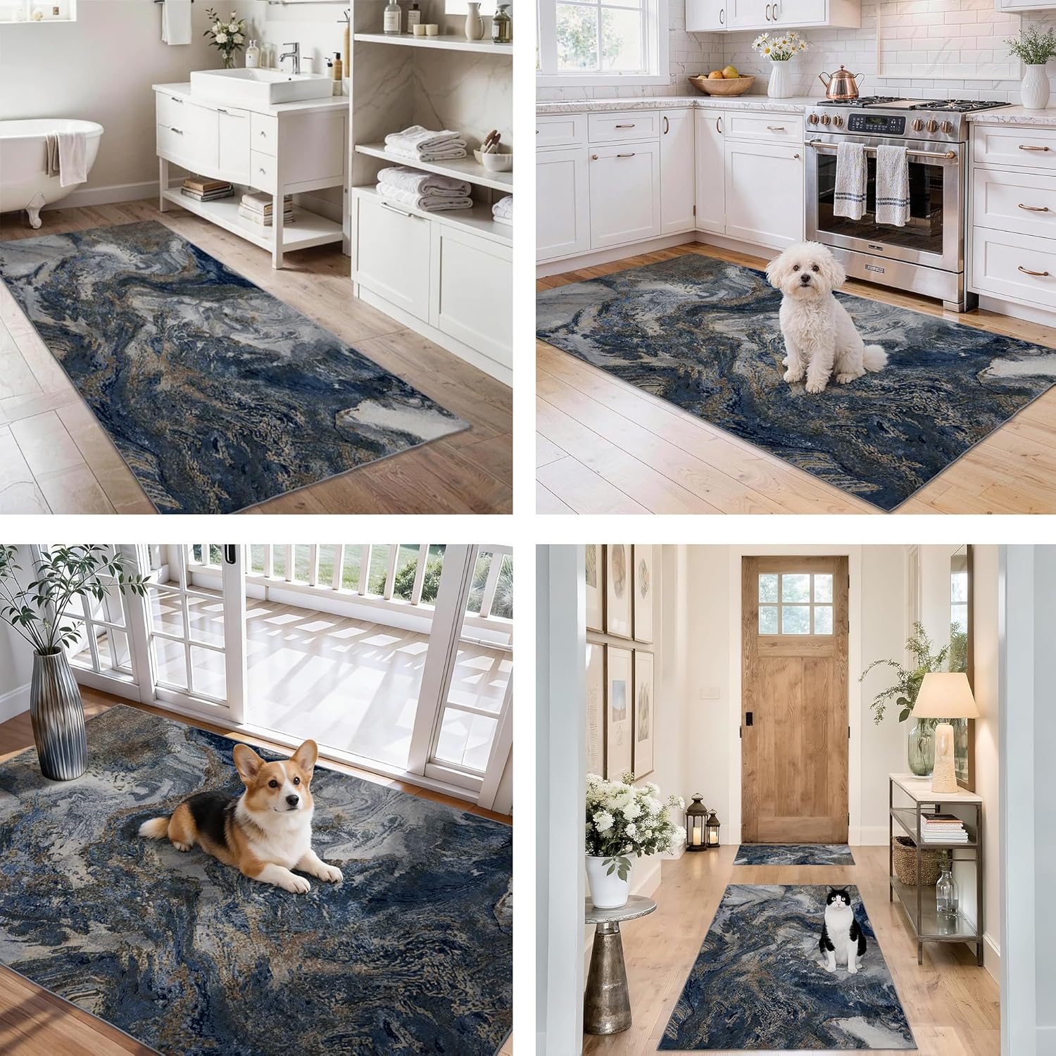 3x5 Area Rug Non-Slip: Modern 3x5 Washable Rug Entryway Bedroom Kitchen Home Office Bathroom - Soft Carpet Durable & Easy-Clean Design Perfect for Homes with Cats & Dogs - Abstract Blue Gold