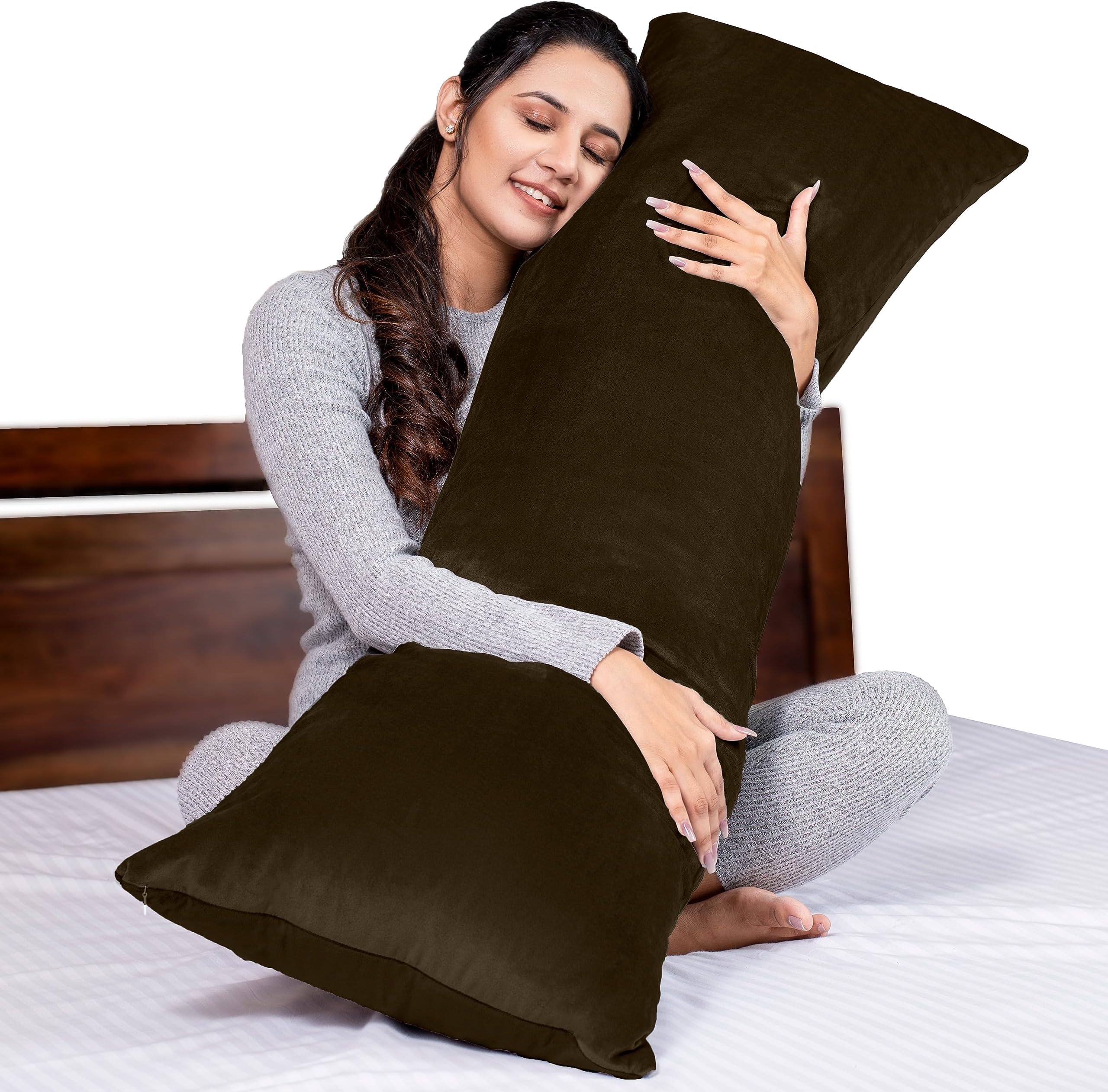 Microfibre Body Side Pillow for Sleeping for Pregnancy, 53"x16" Inches, Long Cuddle Pillow for Hugging, Relaxing, Washable, Premium Velvet Outer Cover with Zip (Brown)