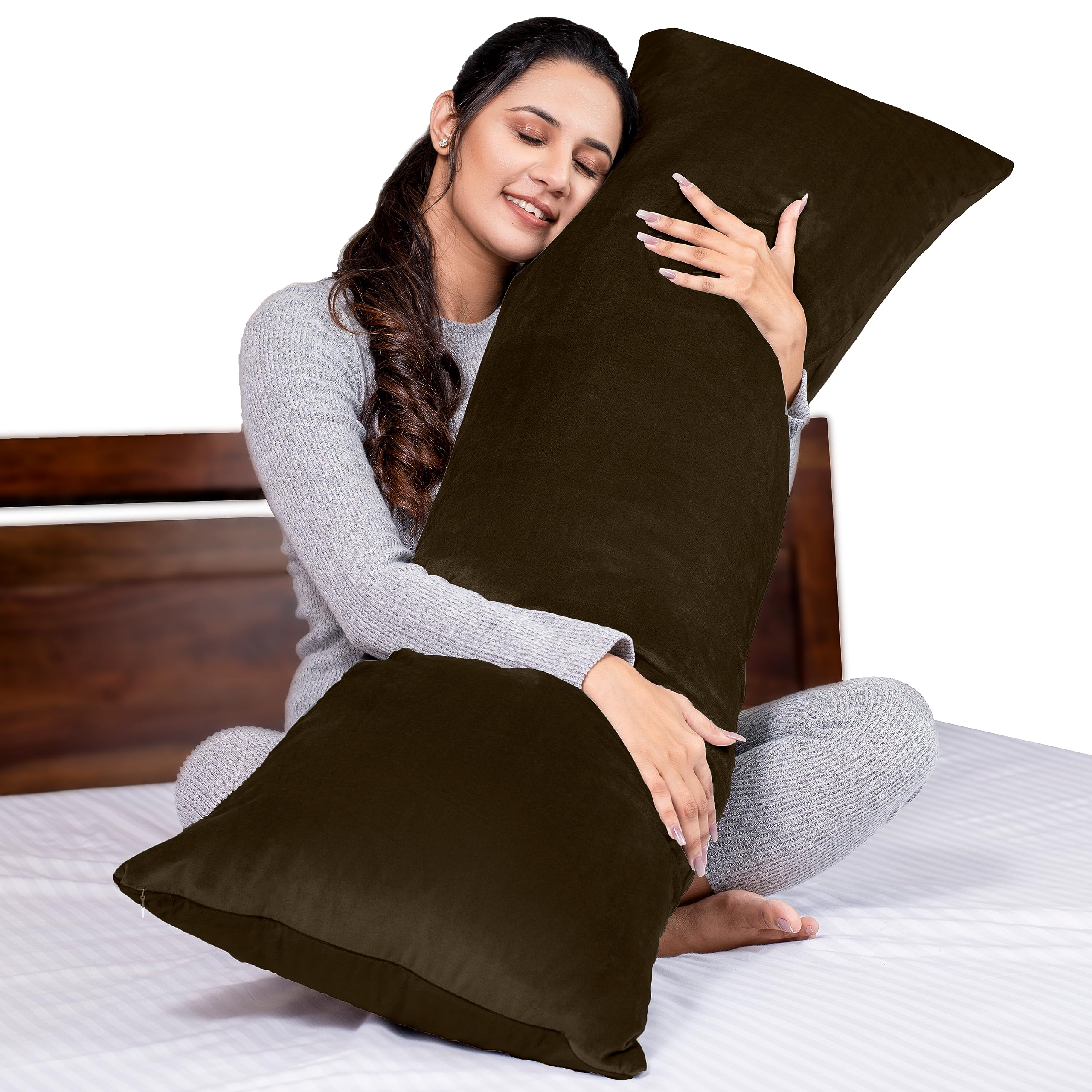 MY ARMOR Microfibre Body Side Pillow for Sleeping for Pregnancy, 53"x16" Inches, Long Cuddle Pillow for Hugging, Relaxing, Washable, Premium Velvet Outer Cover with Zip (Brown)