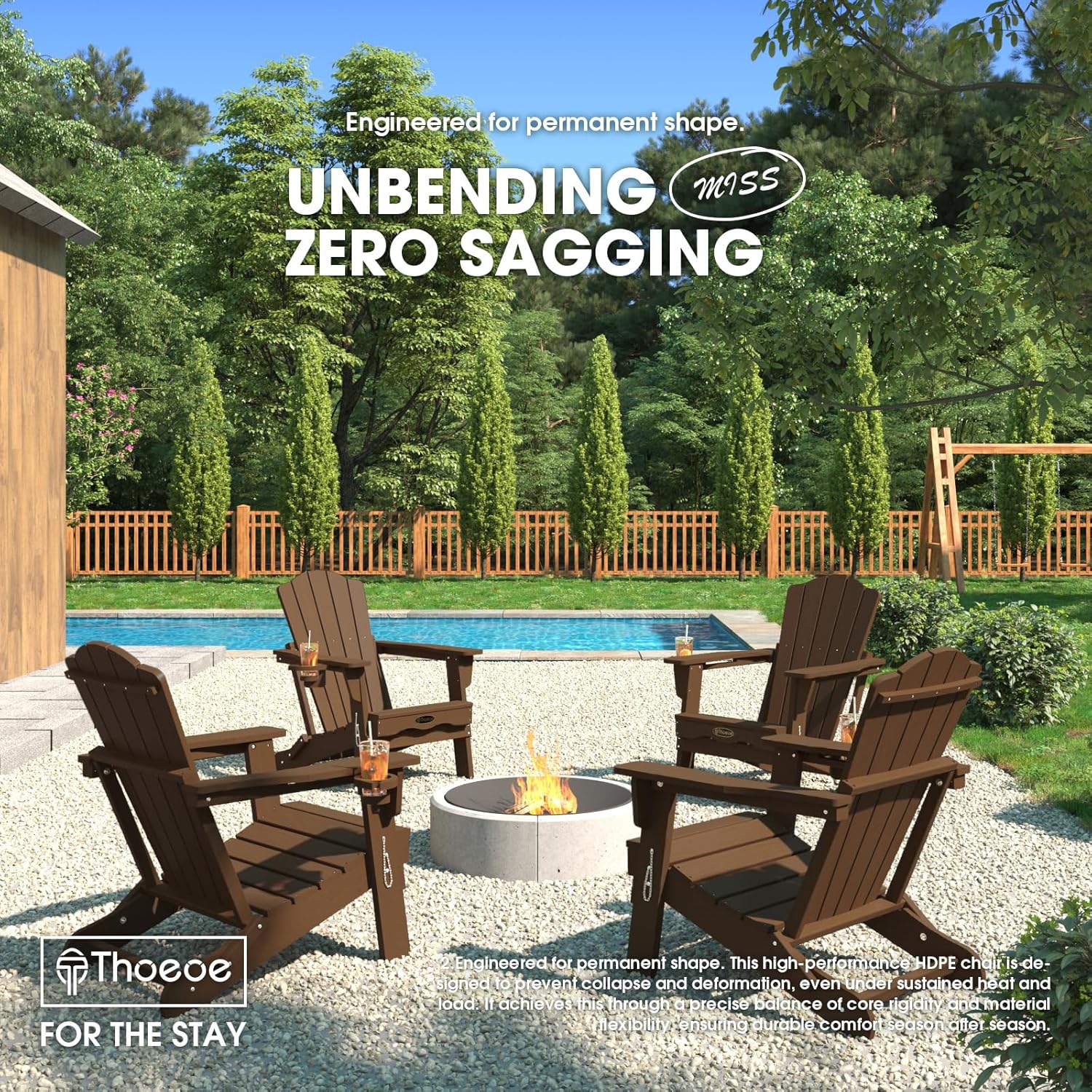 THOEOE Folding Adirondack Chair Set of 4, HDPE All-Weather Outdoor Chair with Cup Holder, Wooden Textured, Fire Pit Chair, Plastic Patio Chair for Deck, Backyard, Garden, Lawn, Brown