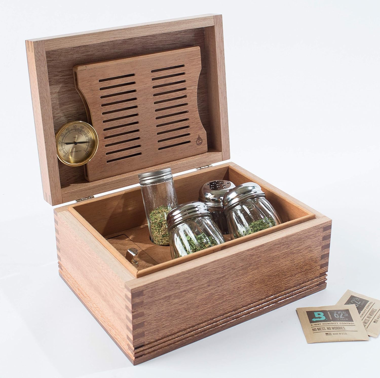 CANNBISDOR, Solid Mahogany, Humidity Controled CANNABIS Storage Chest. With FOUR Glass Storage Jars each with perforated Lids in Wood Rack.