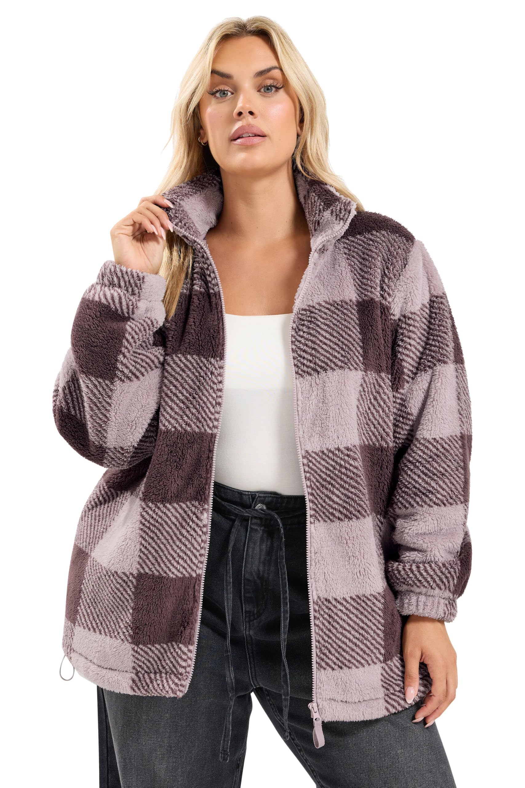 Yours Curve Brown Checked Zip Through Fleece - Women's - Plus Size Curve