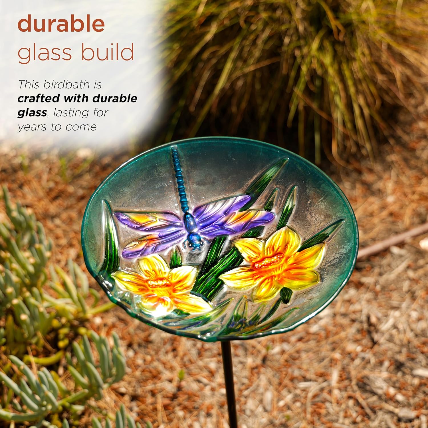 Alpine Corporation 25" Tall Outdoor Glass Birdbath Stake with Flowers and Dragonfly Accent, Garden Decor, 10" Round, Orange