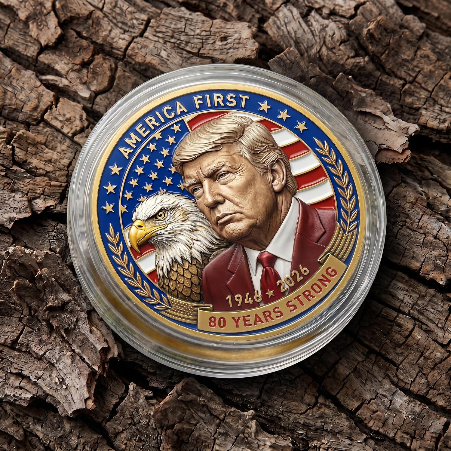 Trump 80th Birthday Colorized Challenge Coin - 45th & 47th Presidential Legacy, America First, Eagle & White House 3D Design, Zinc Alloy, 1.574” Diameter