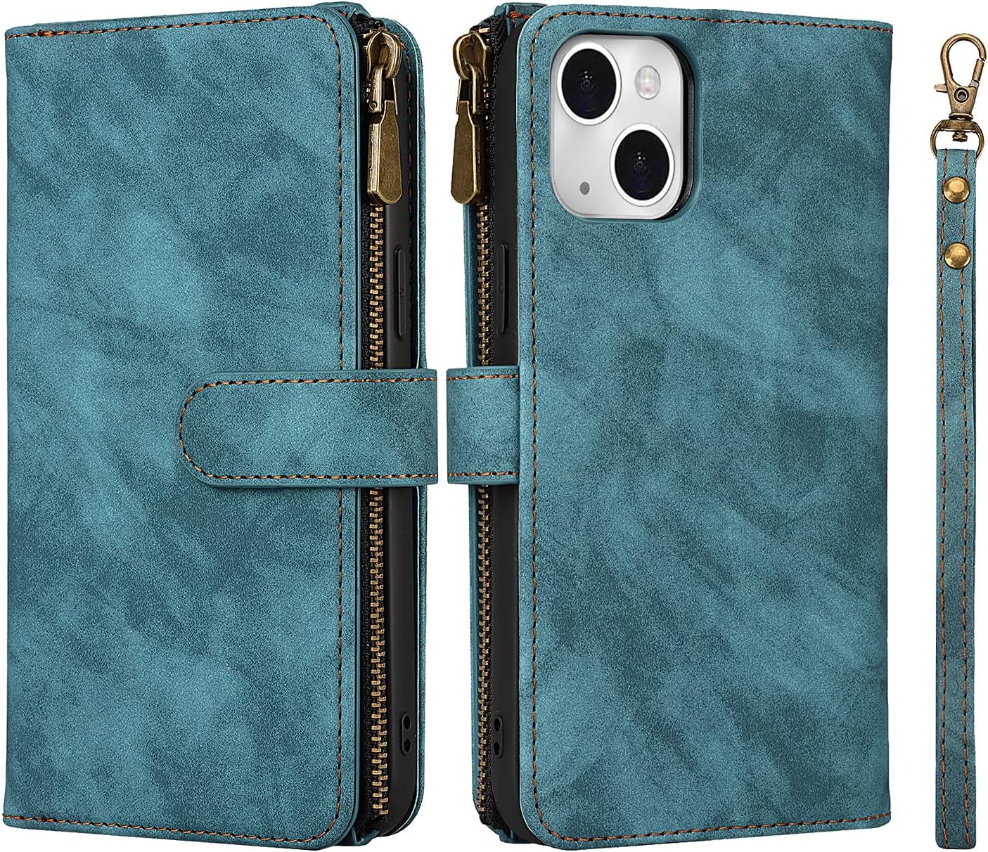 iCoverCase Compatible with iPhone 13 Wallet Phone Case with Card Holder, PU Leather Zipper Pocket Magnetic Detachable Flip Case with Wrist Strap (Blue) - Image 9
