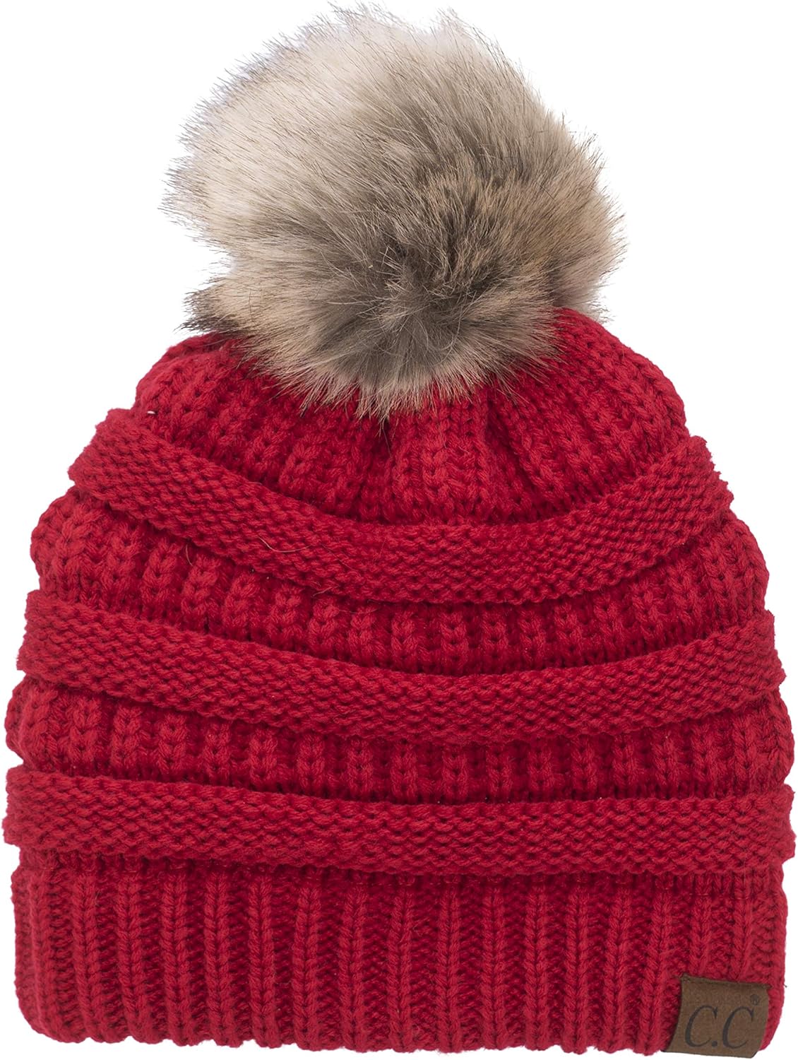C.C Trendy Fuzzy Fleece Lined Warm Comfortable Soft Stretch Cable Knit Ribbed Faux Fur Pom Pom Beanie Hat