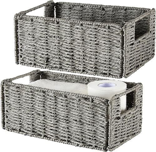 Miniatura 6 de Vagusicc Cestas de mimbre para almacenamiento, juego de 4 cubos de almacenamiento de cuerda de papel redondas tejidas a mano, color gris
