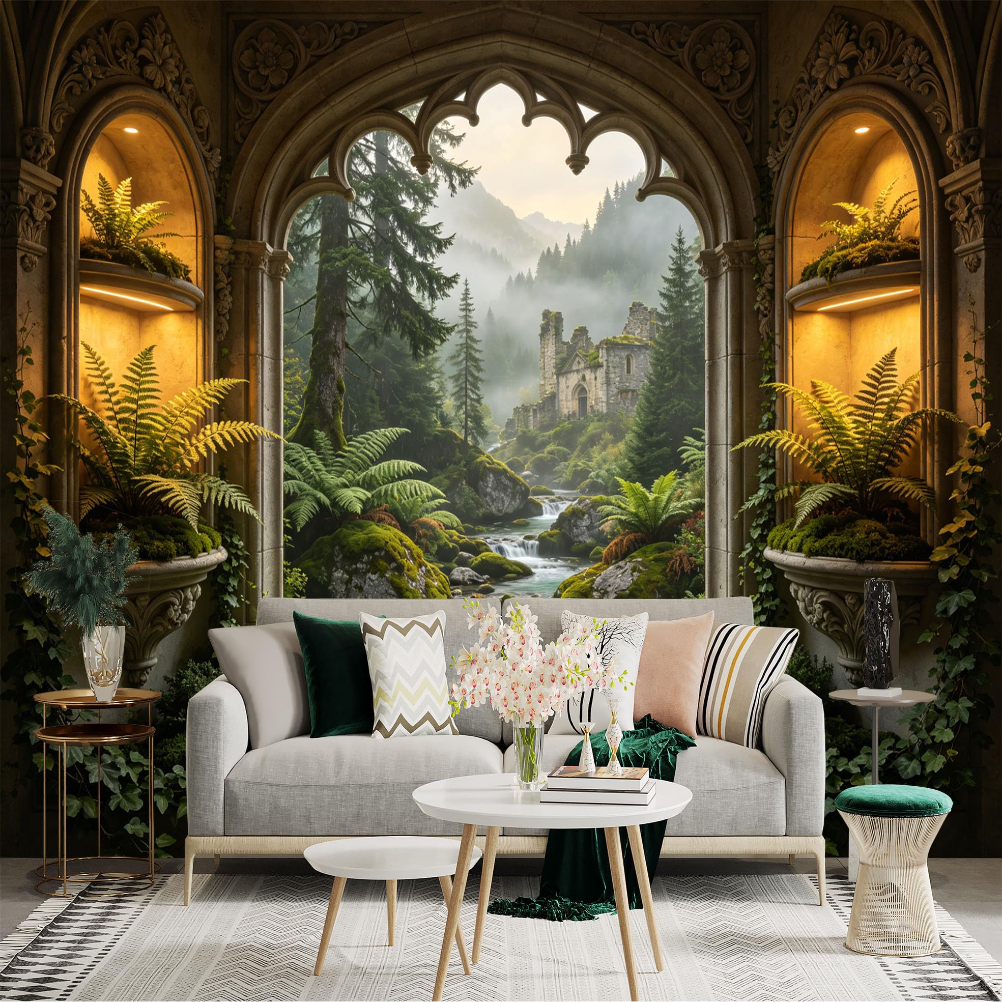 Custom Size Wall Sticker Mural， Ancient Castle in Misty Forest with Waterfall and Lush Ferns， for wall Decoration， peelandstick wall Decals.