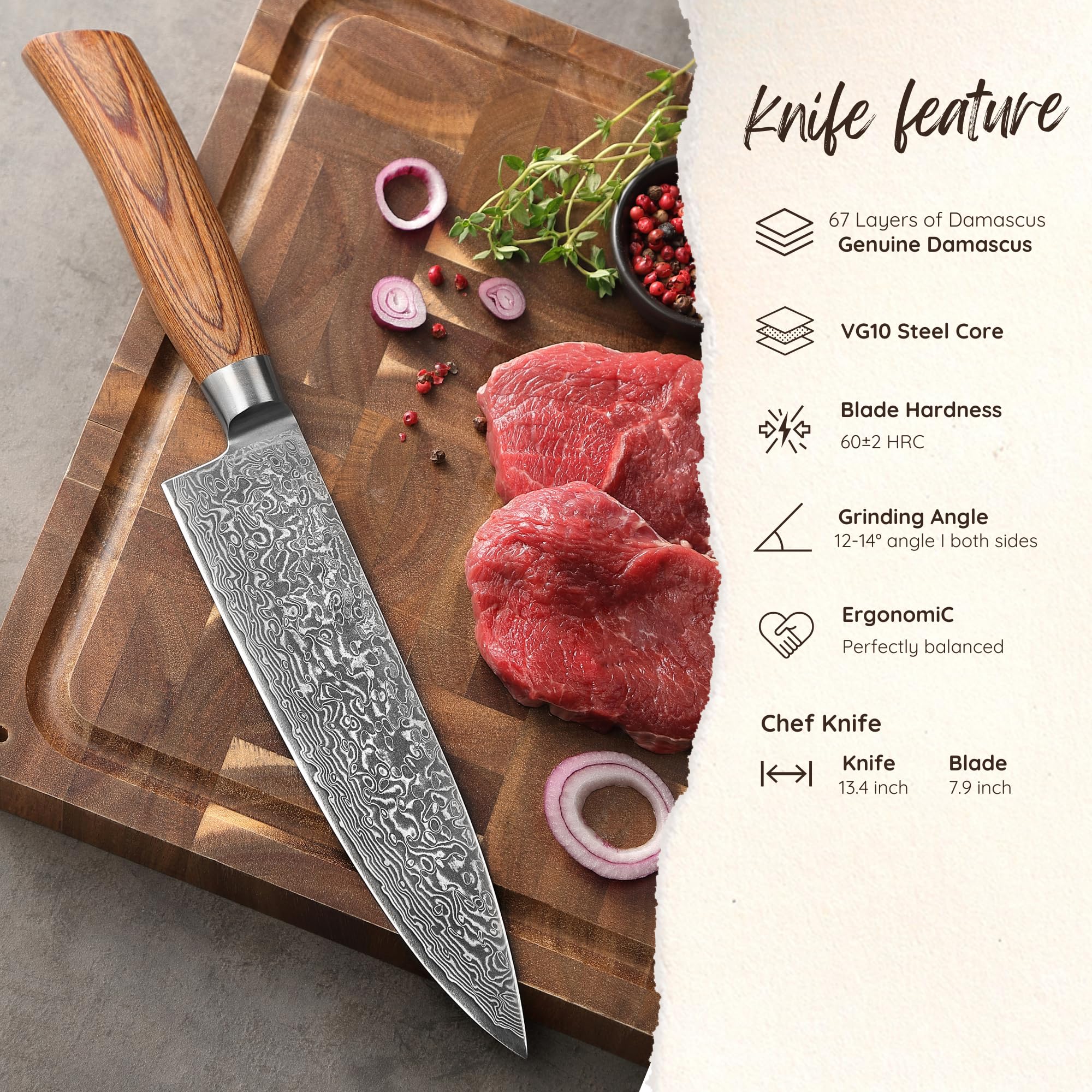 WAKOLI EDIB Pro Couteau Chef de Cuisine Professionnel en Acier Damas 20 cm | lame à 67 couches avec noyau VG10, manche ergonomique en bois de pakka, tranchant précis, pour émincer, hacher et découper