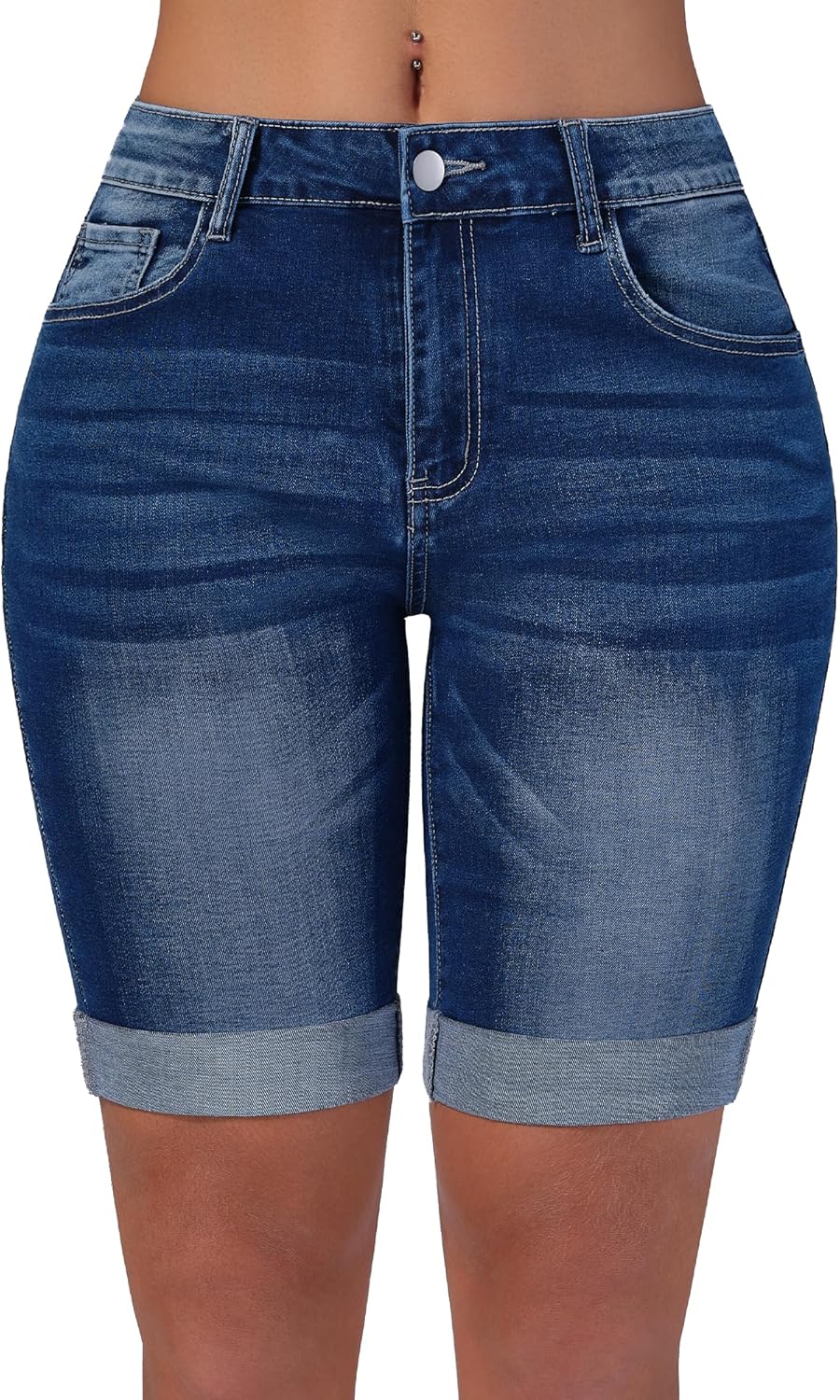 Queenwin Women's Mid Rise Bermuda Shorts Stretchy Long Rolled Hem Denim Jean Shorts