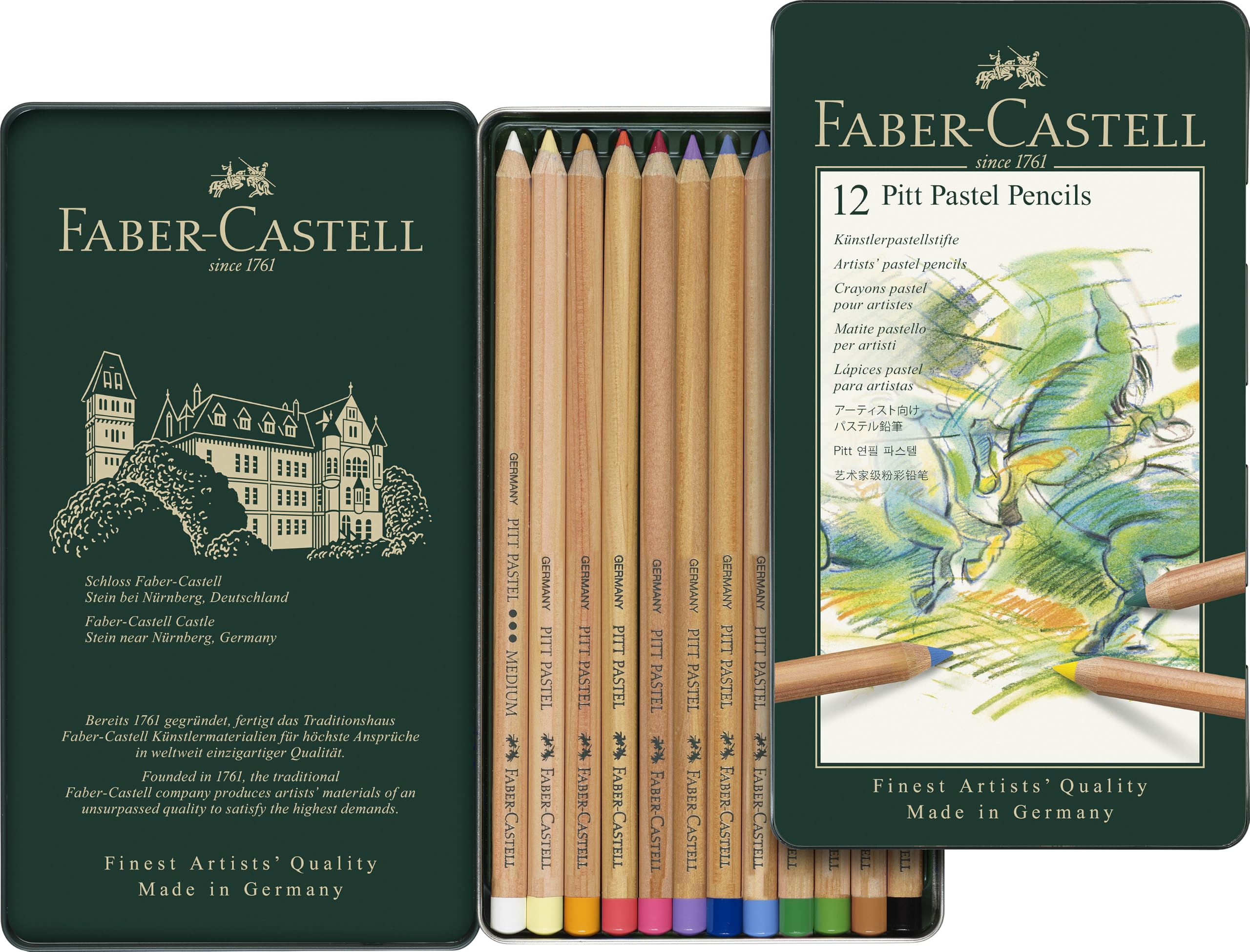 Faber-Castell Pitt Pastel Pencils Set Metal Tin 12 Artist Drawing Smudging