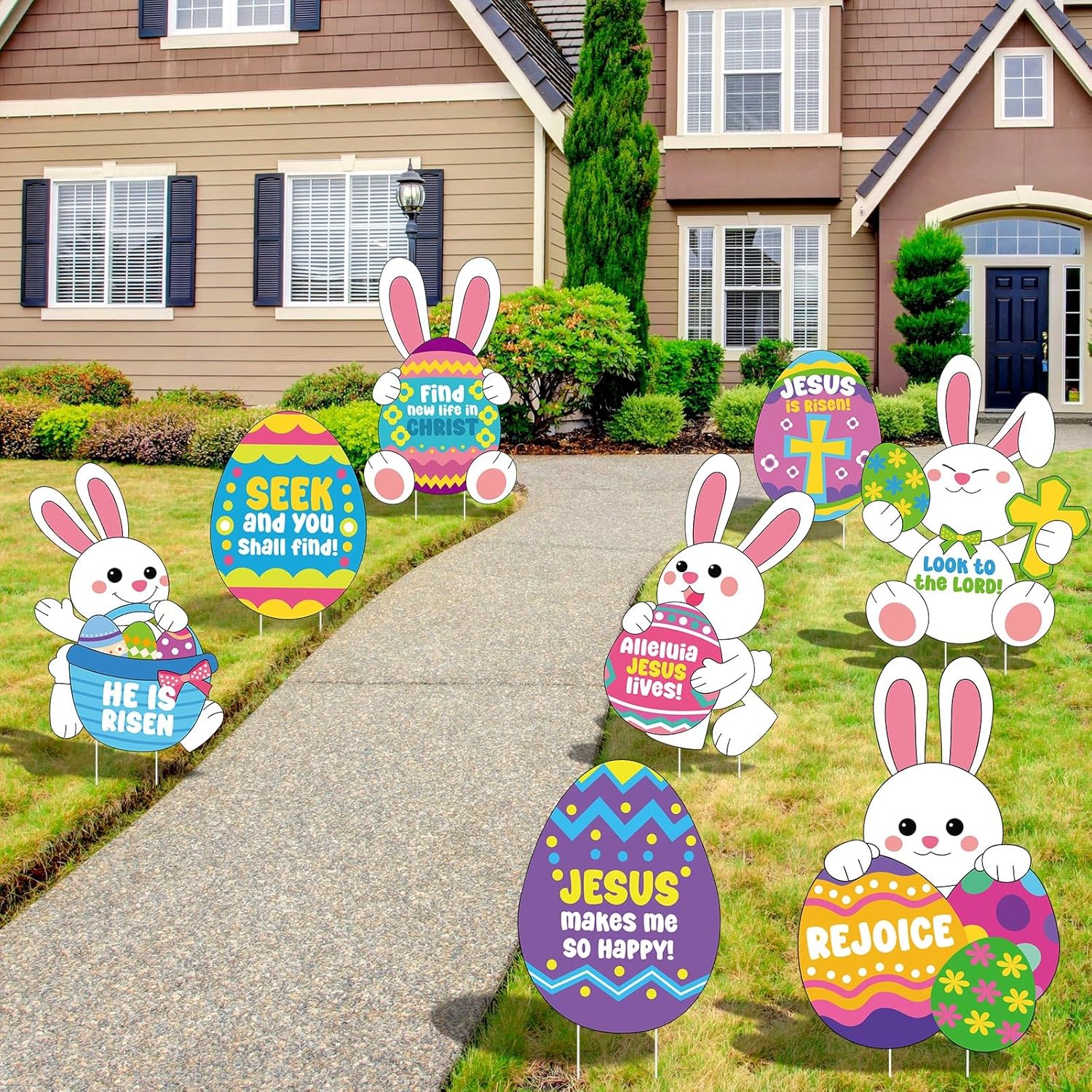 8 Pcs Religious Easter Yard Sign with Stakes Happy Easter Bunny Egg Hunt Sign Outdoor Lawn Decorations for Easter Outdoor Props Party Supplies Garden Yard Decor