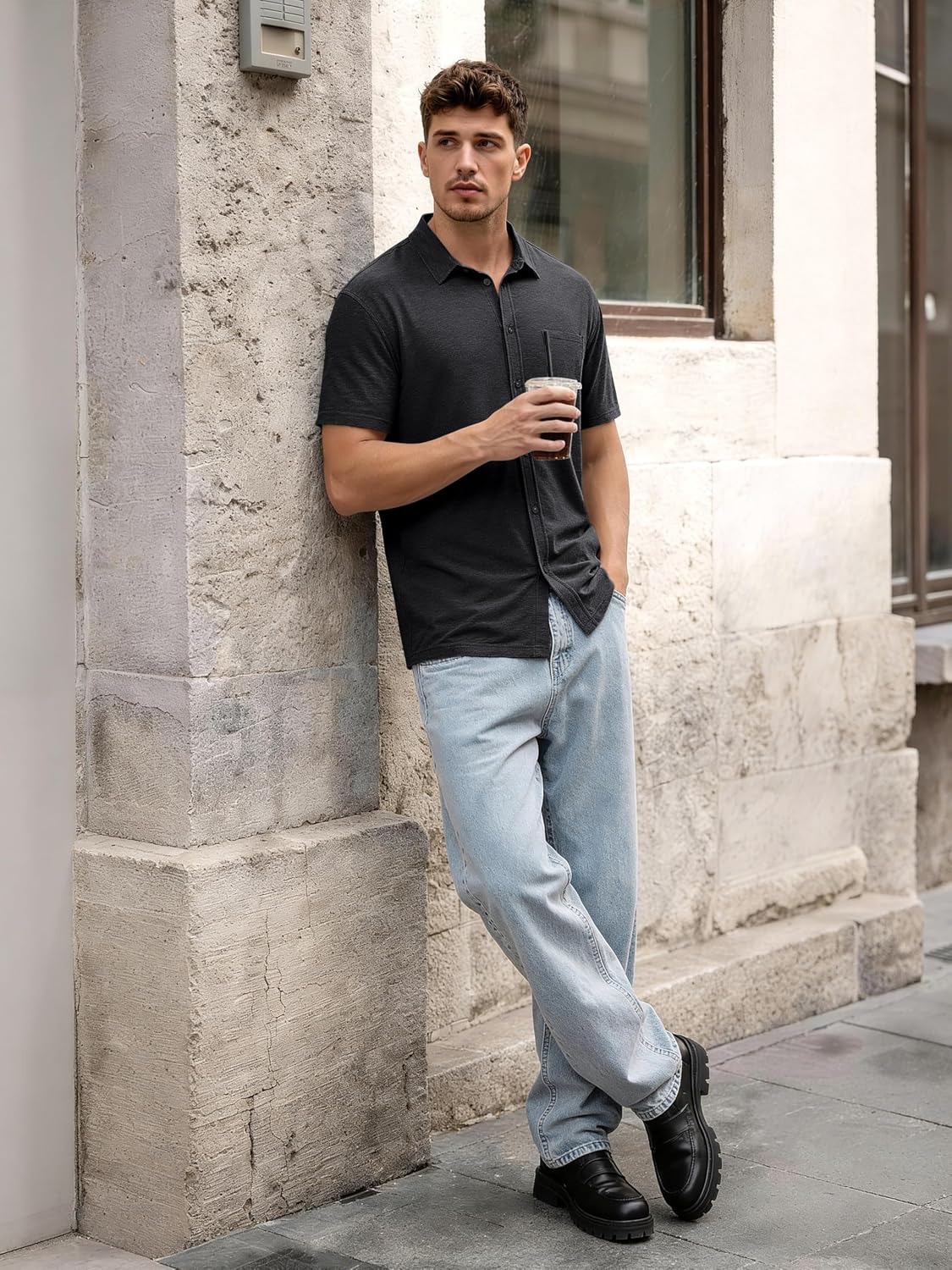 ODODOS Men's Short Sleeve Button Down Shirt - odSTRATUM Tech Performance Tee, Ultra Soft UPF 50+ Golf Fitness Casual Tops