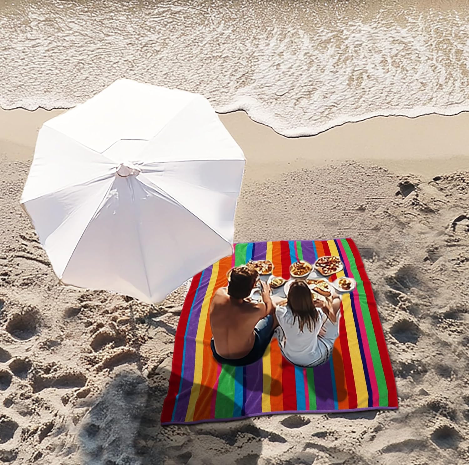 COTTON CRAFT Summer of Siam Extra Wide Beach Towel for Two - 2 Pack Oversized 58x68 - Pure Cotton Velour Thick Plush Super Soft Luxurious Pool Picnic Bath Towel - 450 GSM - Multi Color Stripe